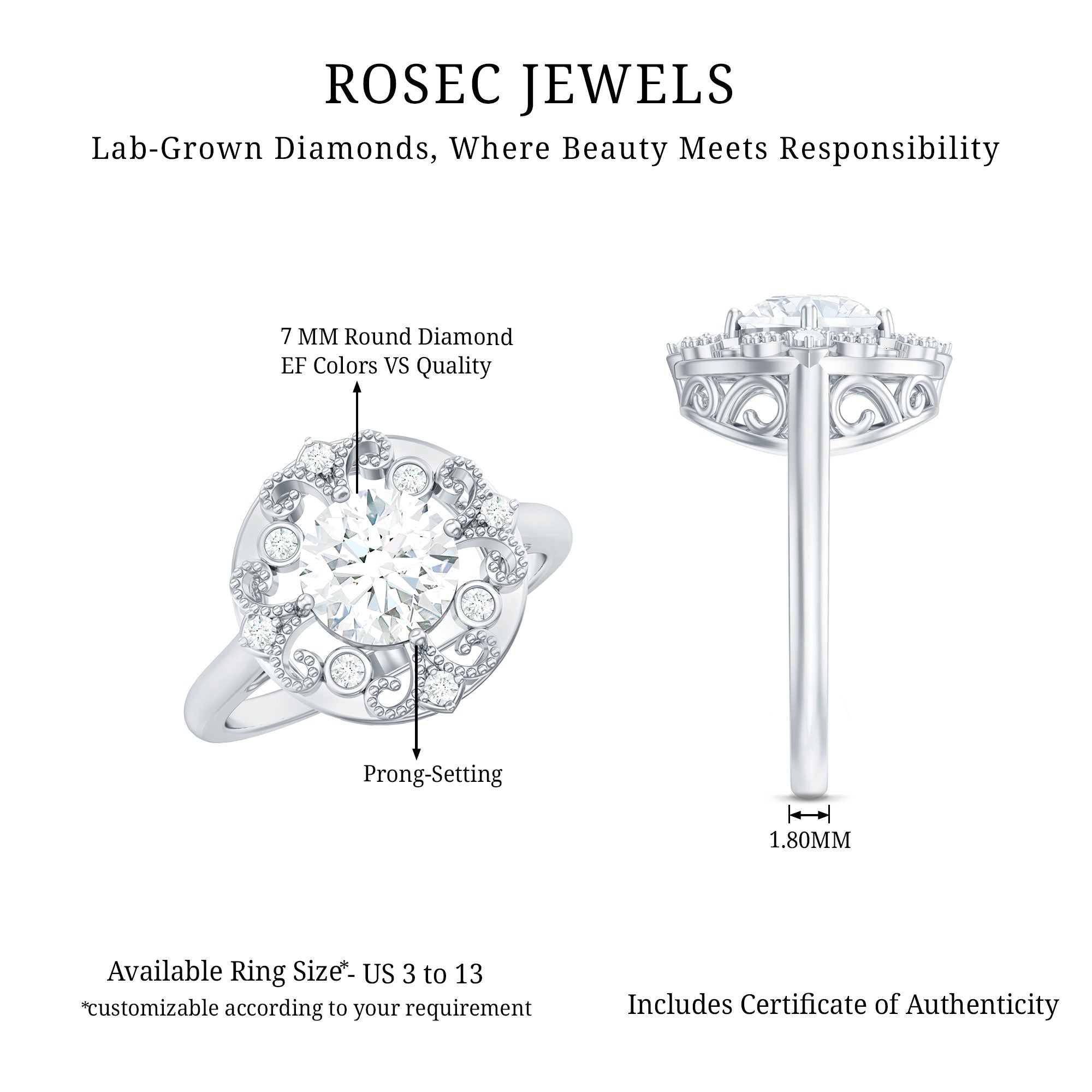 Rosec Jewels-Certified Lab Grown Diamond Beaded Engagement Ring for Women
