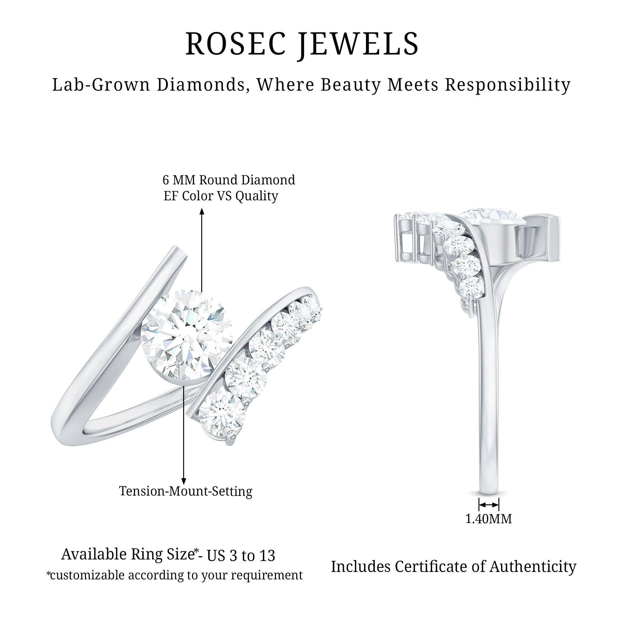 Rosec Jewels-Certified Lab Grown Diamond Bypass Engagement Ring for Women