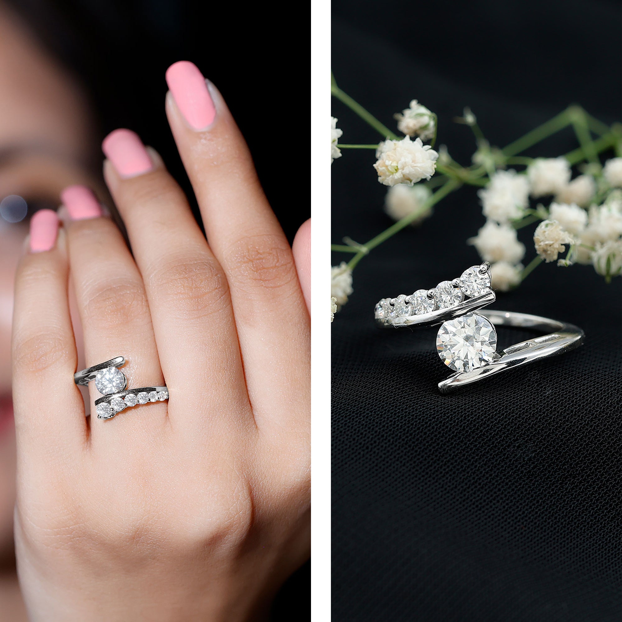 Certified Lab Grown Diamond Bypass Engagement Ring for Women Lab - ( EF-VS ) - Rosec Jewels