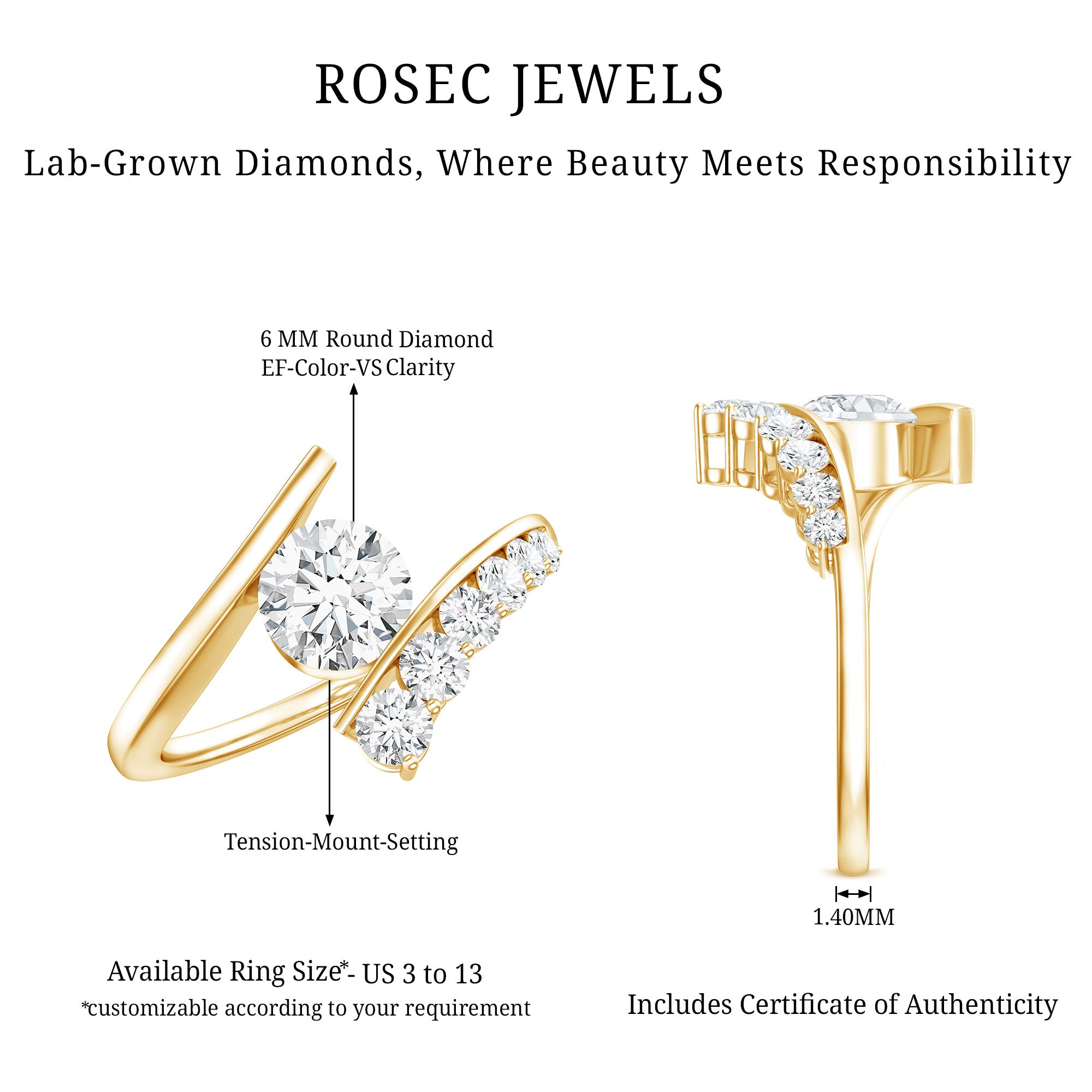 Certified Lab Grown Diamond Bypass Engagement Ring for Women Lab - ( EF-VS ) - Rosec Jewels