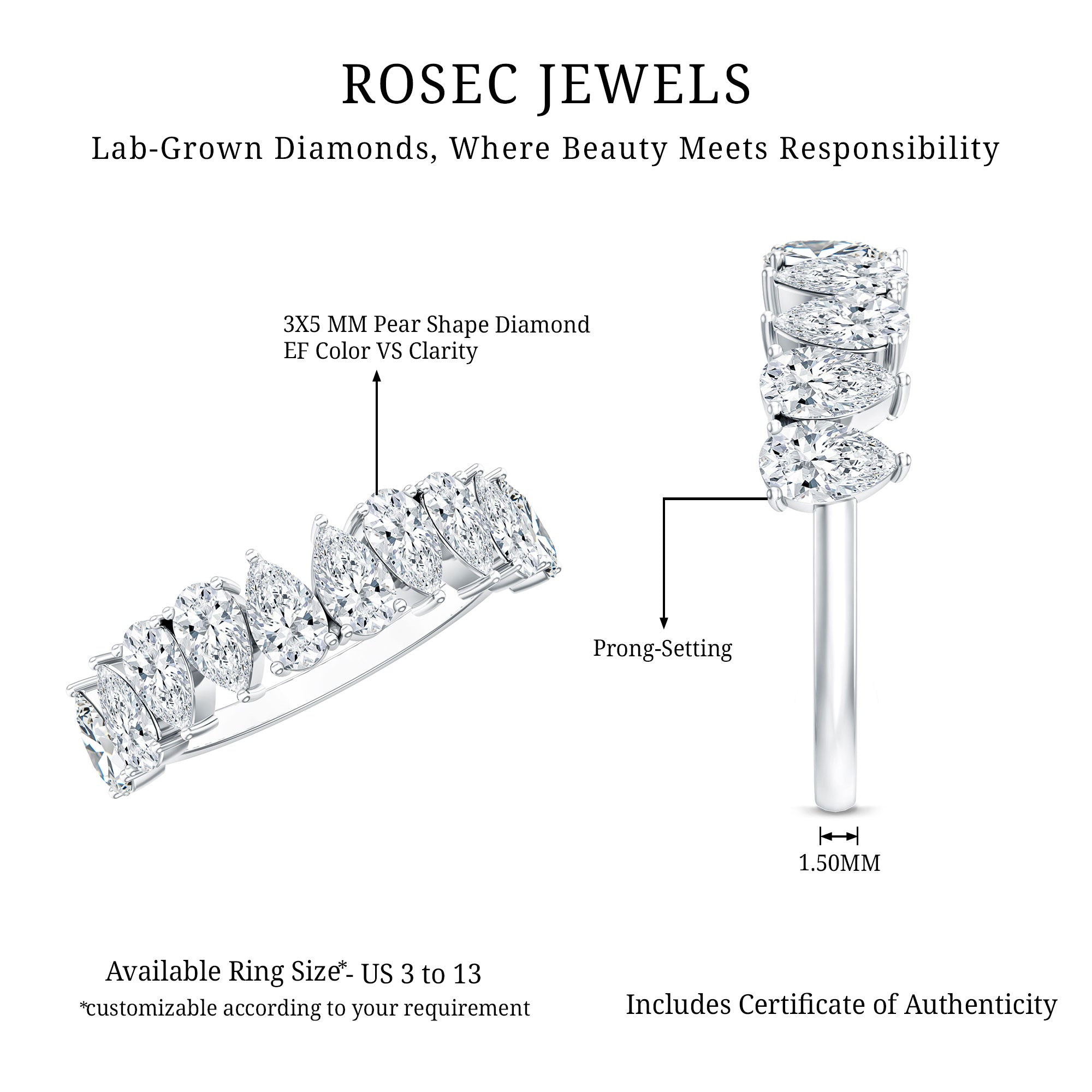 Pear Cut Lab Created Diamond Half Eternity Wedding Band Lab - ( EF-VS ) - Rosec Jewels