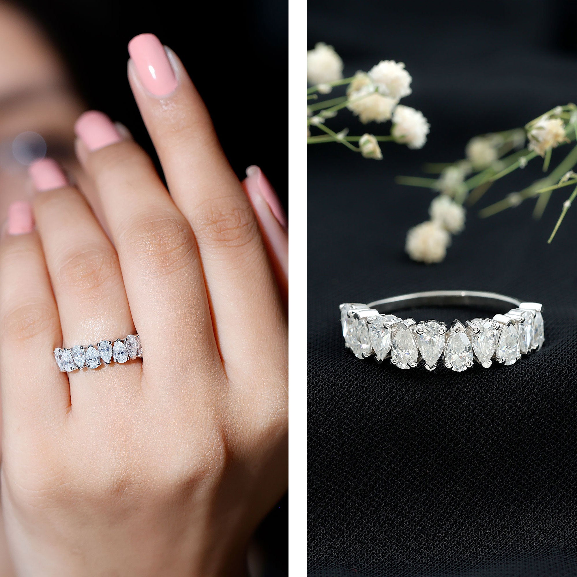 Pear Cut Lab Created Diamond Half Eternity Wedding Band Lab - ( EF-VS ) - Rosec Jewels
