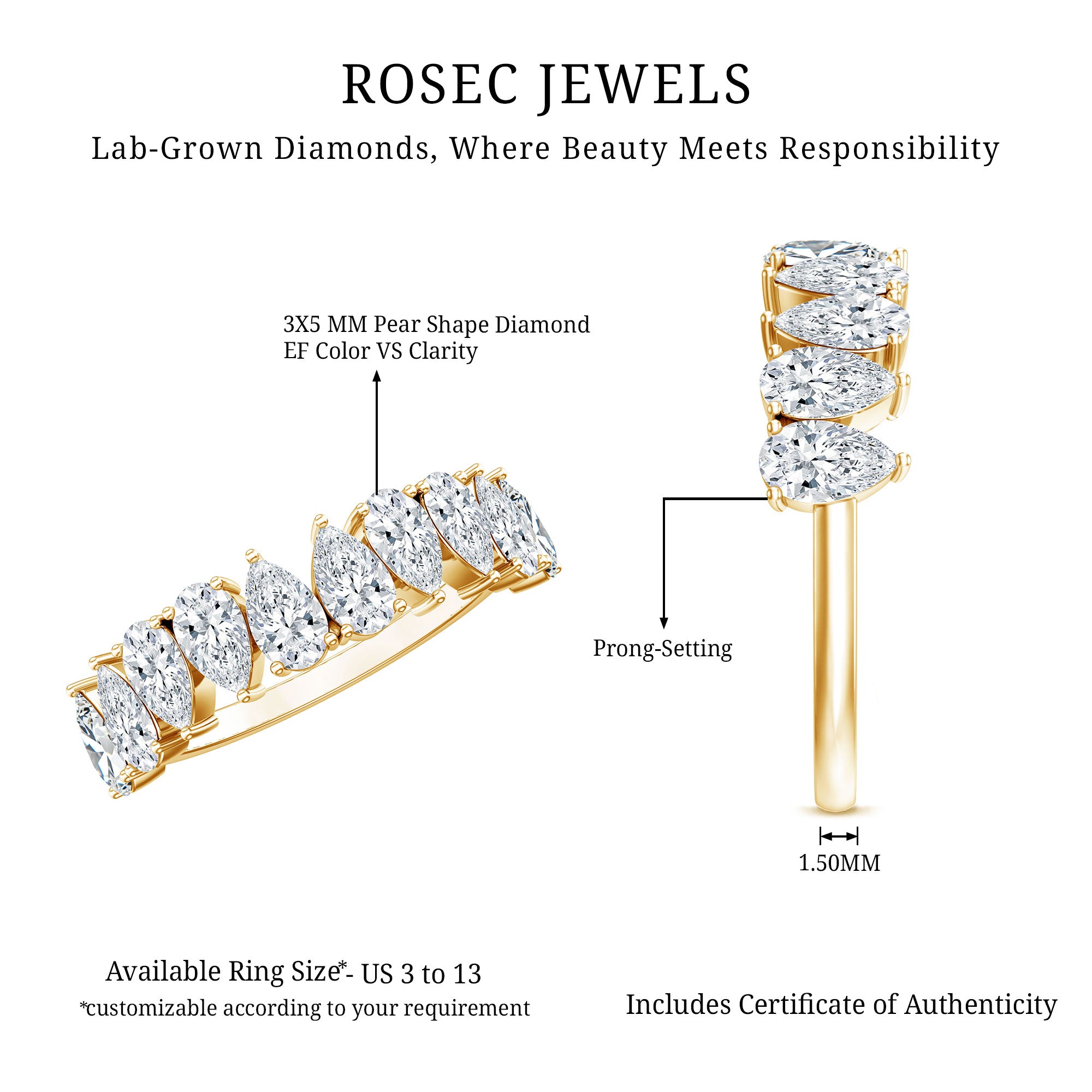 Pear Cut Lab Created Diamond Half Eternity Wedding Band Lab - ( EF-VS ) - Rosec Jewels