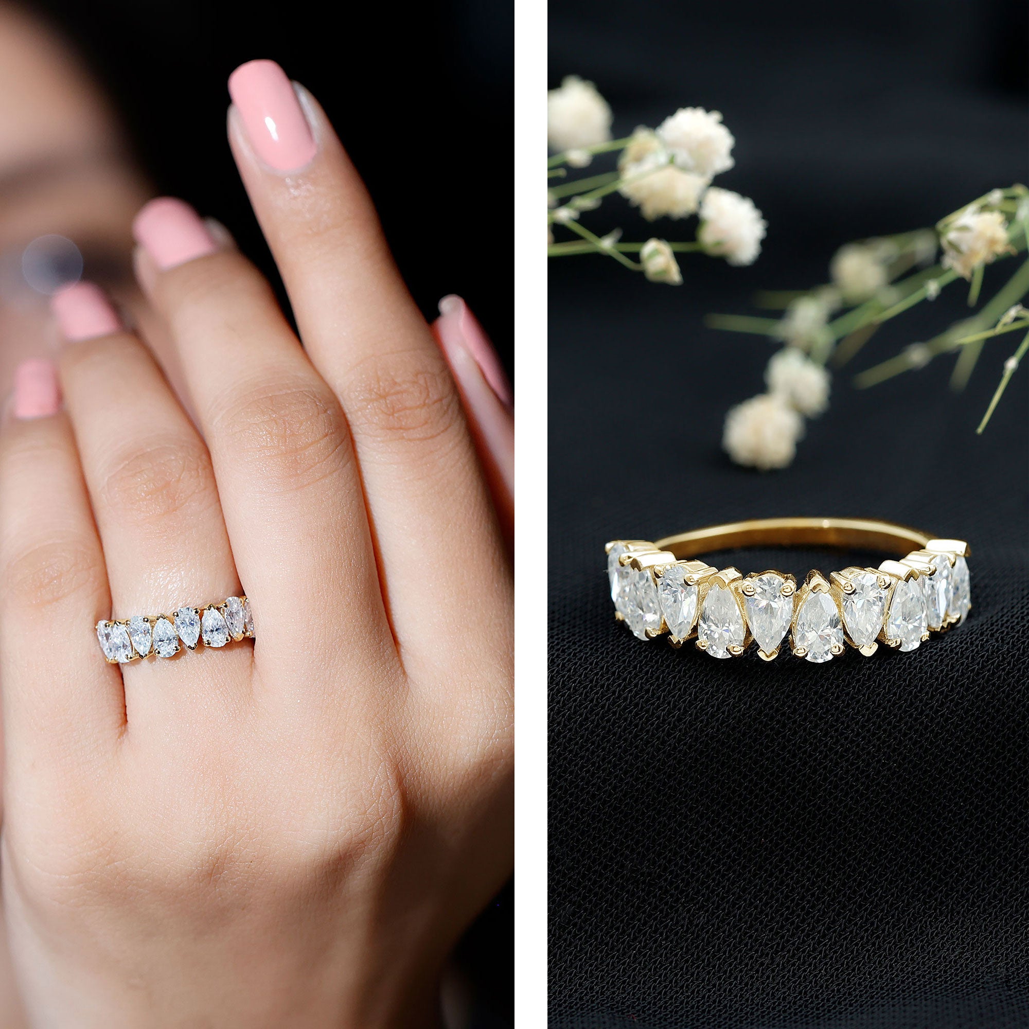Pear Cut Lab Created Diamond Half Eternity Wedding Band Lab - ( EF-VS ) - Rosec Jewels