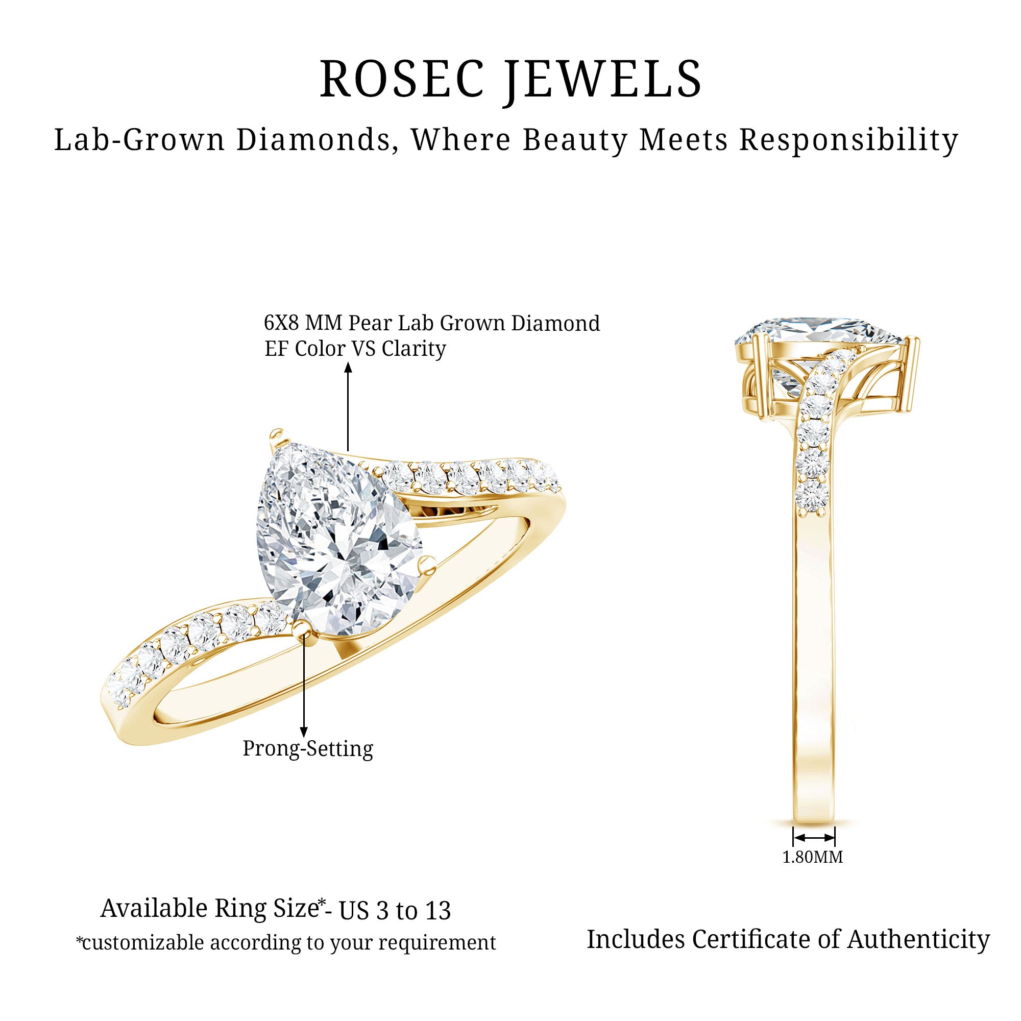 Certified 6X8 MM Pear Cut Lab Created Diamond Teardrop Engagement Ring Lab - ( EF-VS ) - Rosec Jewels