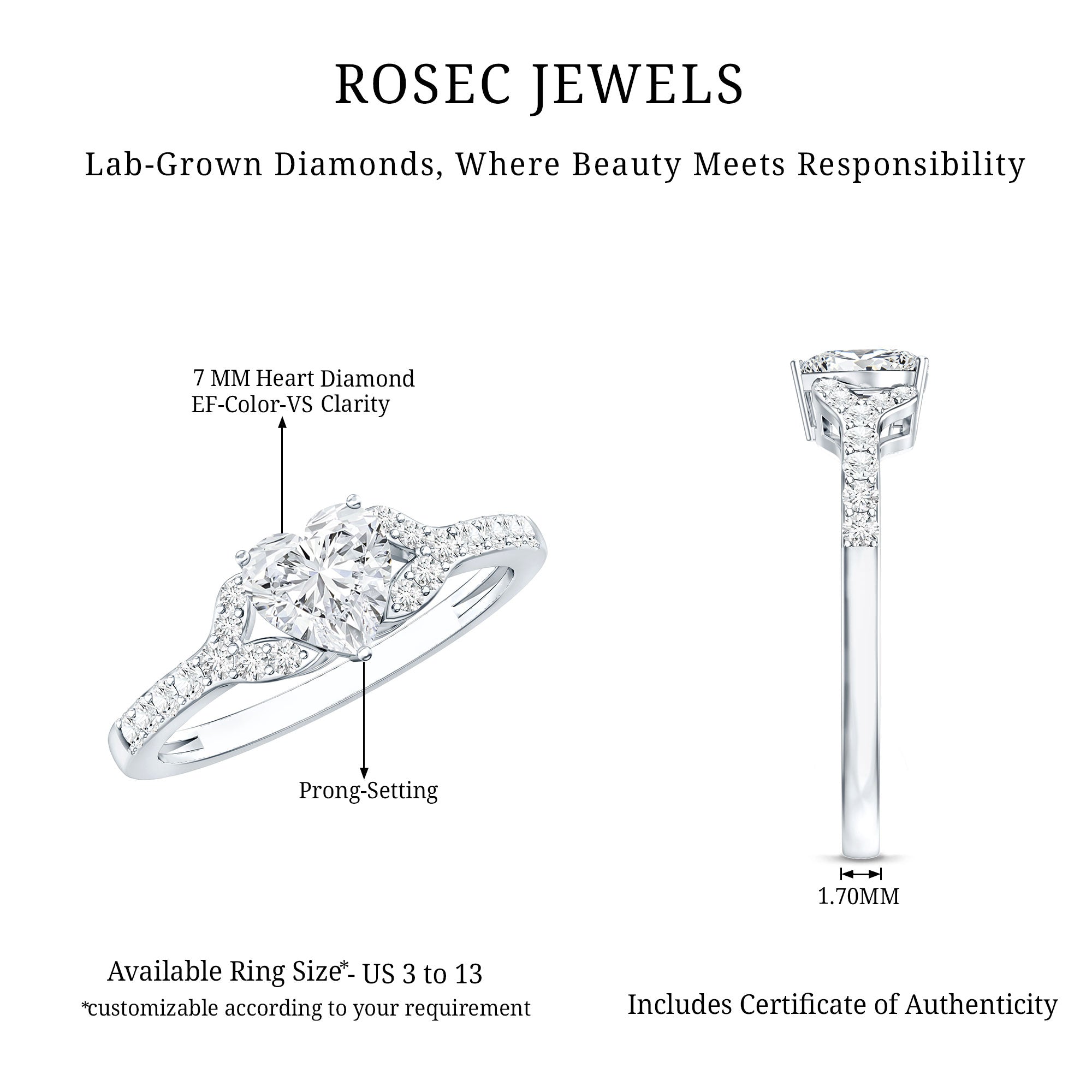 Certified 7mm Diamond Heart Solitaire Ring For Her Lab - ( EF-VS ) - Rosec Jewels