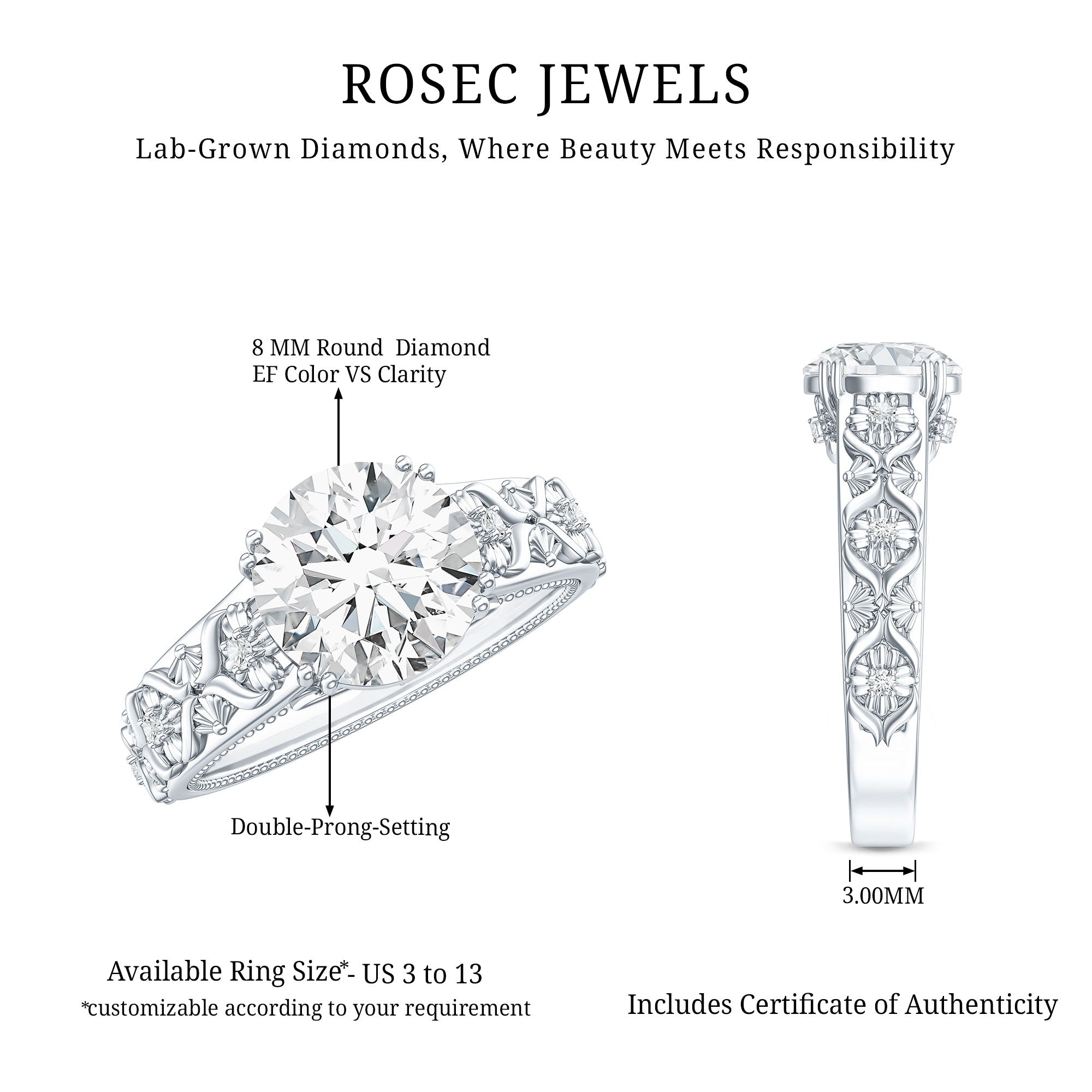 Lab Grown Diamond Antique Looking Engagement Ring Lab - ( EF-VS ) - Rosec Jewels