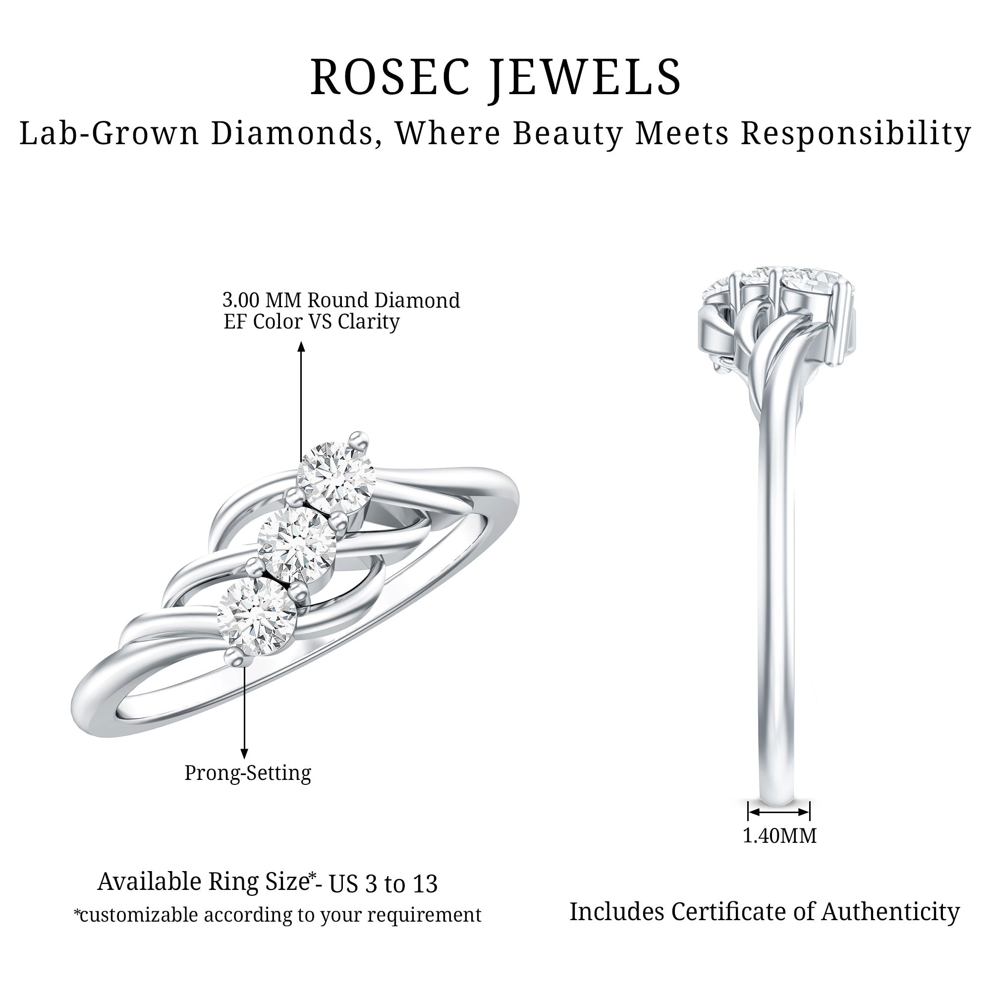 Certified Lab Grown Diamond Three Stone Proposal Ring Lab - ( EF-VS ) - Rosec Jewels