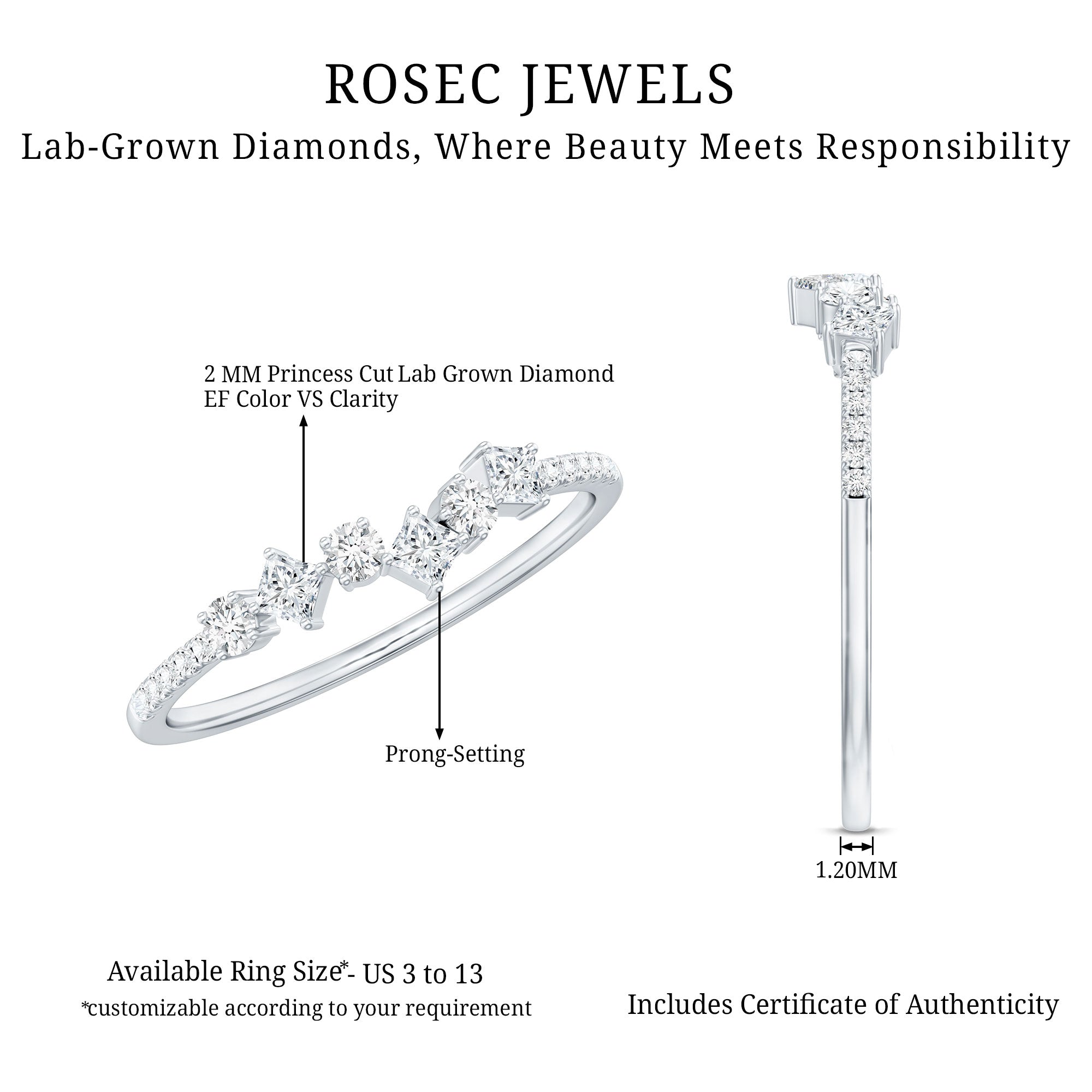 Minimalist Lab Grown Diamond Half Eternity Ring Lab - ( EF-VS ) - Rosec Jewels