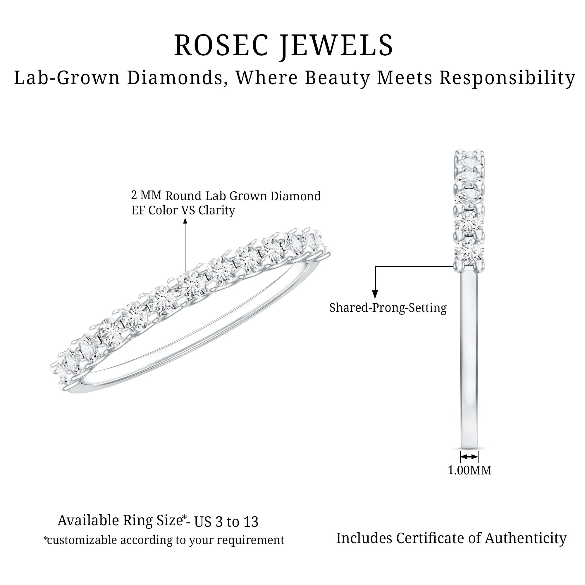 Lab Grown Diamond Eternity Stackable Ring Lab - ( EF-VS ) - Rosec Jewels