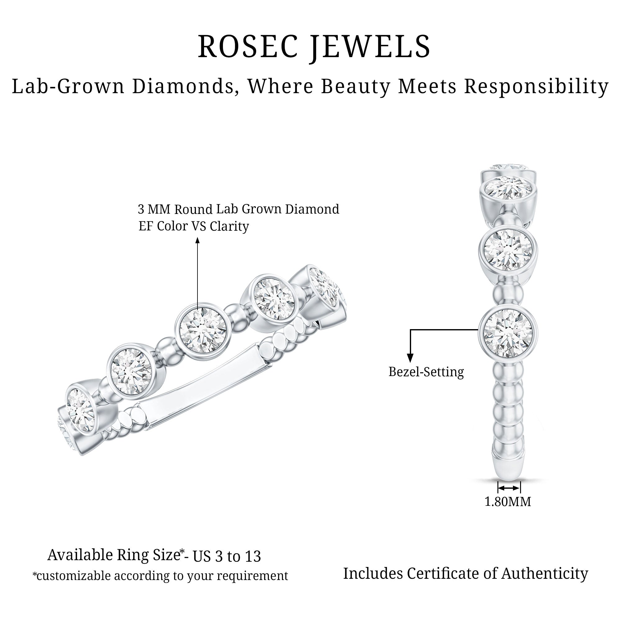 Bezel Set Lab Grown Diamond Wedding Anniversary Band Lab - ( EF-VS ) - Rosec Jewels