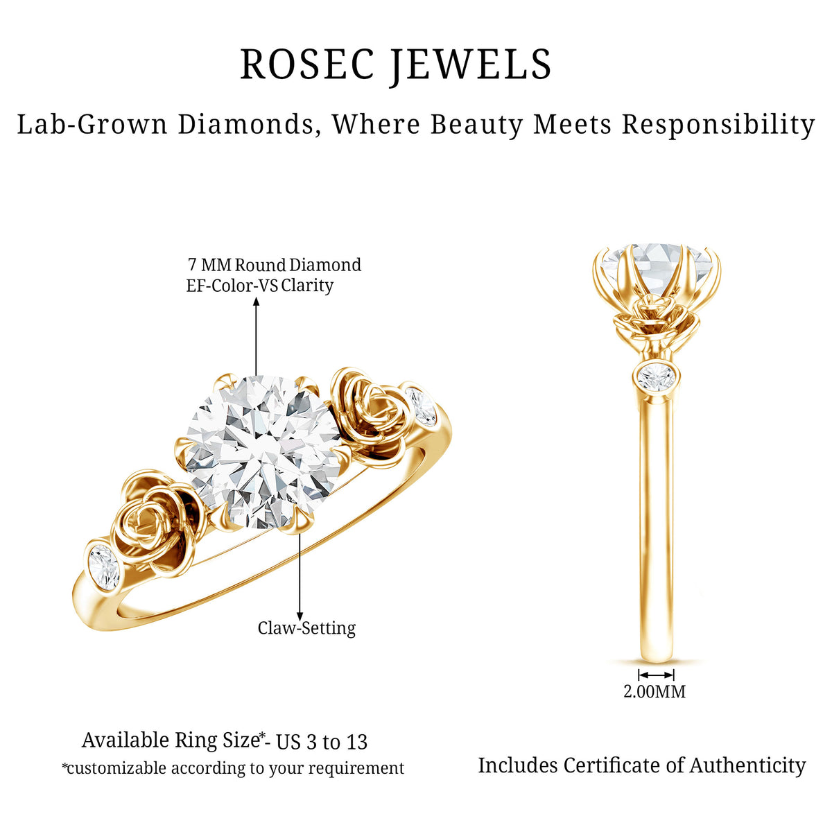 Certified Lab Grown Diamond Engagement Ring With Floral Design Lab - ( EF-VS ) - Rosec Jewels