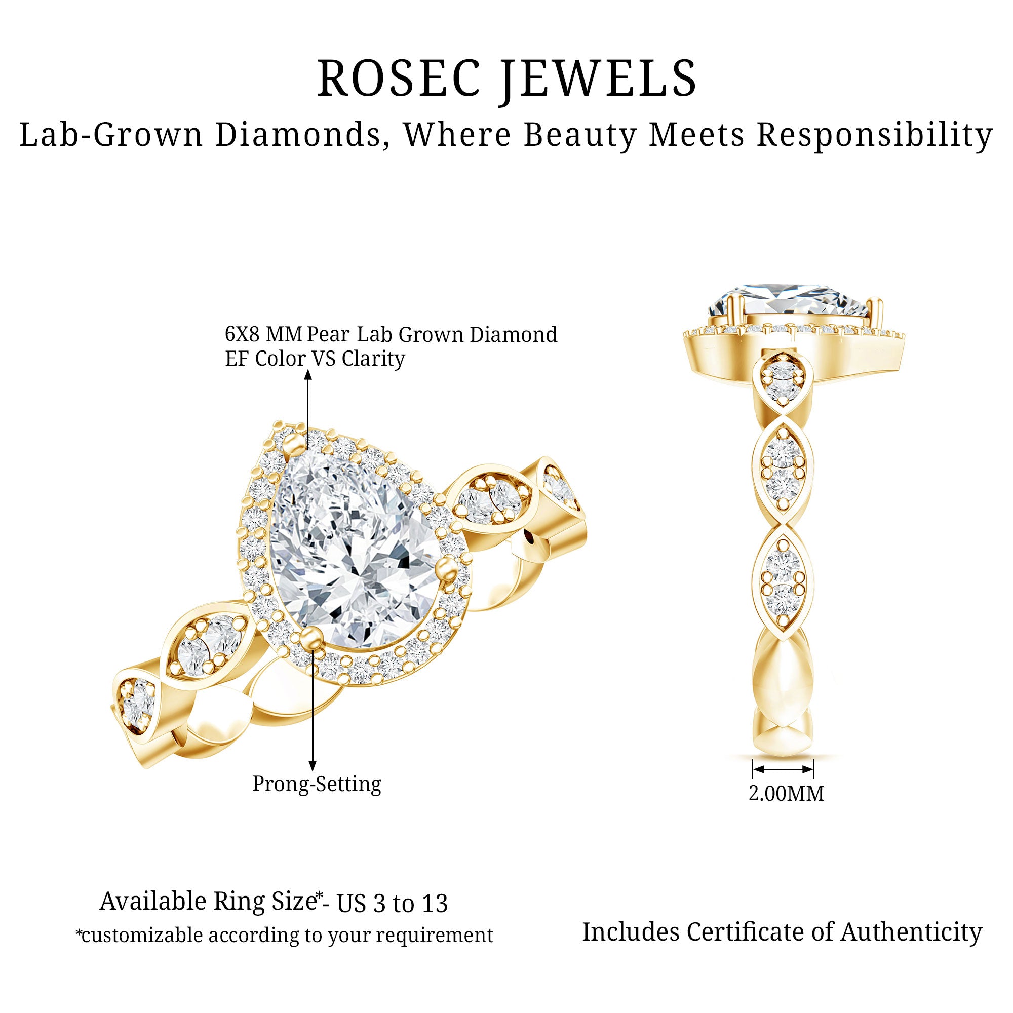 Lab Grown Diamond Teardrop Engagement Ring with Scalloped Shank Lab - ( EF-VS ) - Rosec Jewels