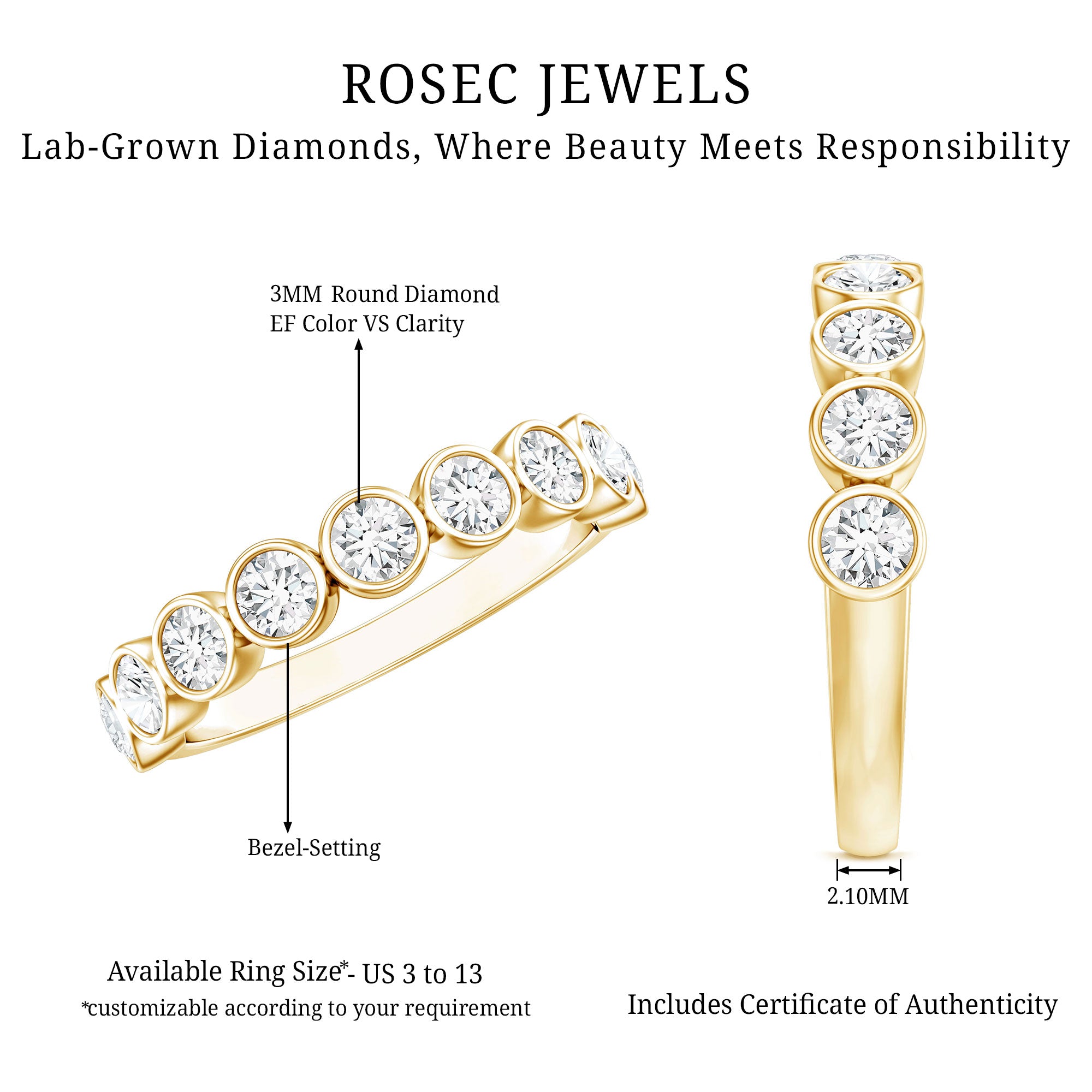 Bezel Set Lab Grown Diamond Semi Eternity Ring for Women Lab - ( EF-VS ) - Rosec Jewels