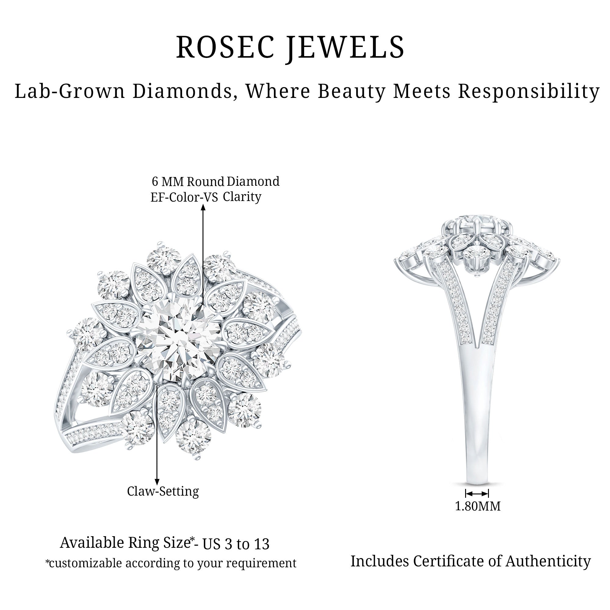 Certified Lab Grown Diamond Flower Engagement Ring for Her Lab - ( EF-VS ) - Rosec Jewels