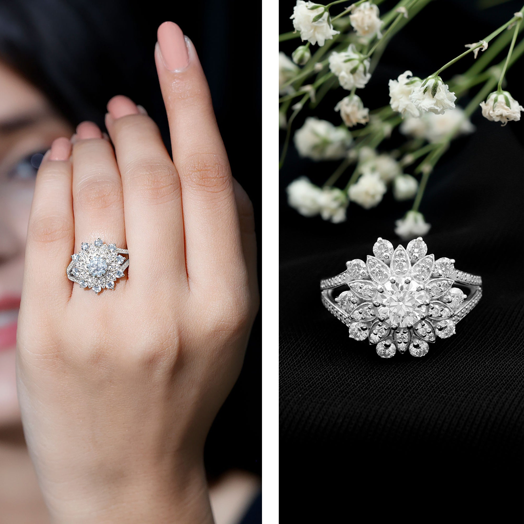 Certified Lab Grown Diamond Flower Engagement Ring for Her Lab - ( EF-VS ) - Rosec Jewels