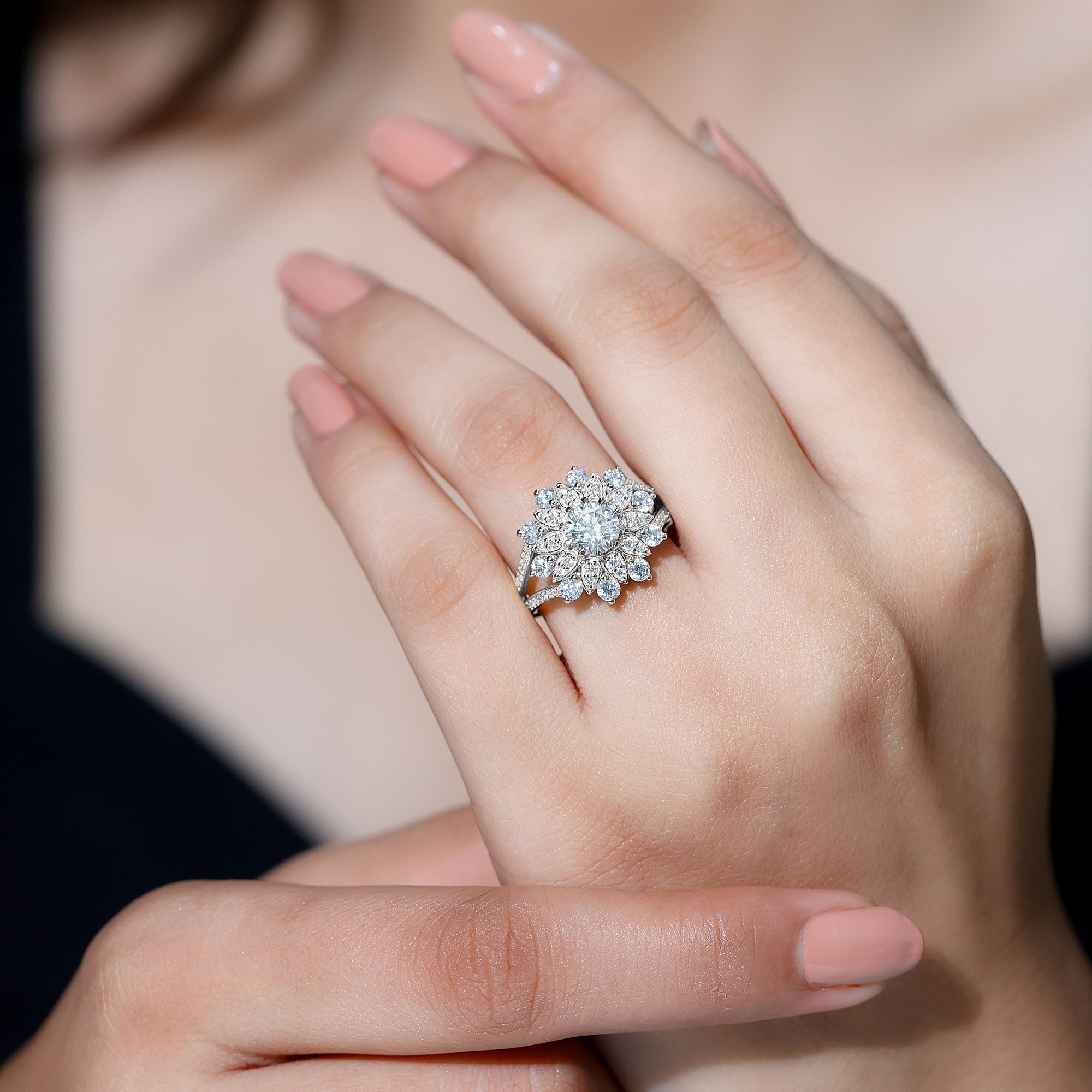 Certified Lab Grown Diamond Flower Engagement Ring for Her Lab - ( EF-VS ) - Rosec Jewels