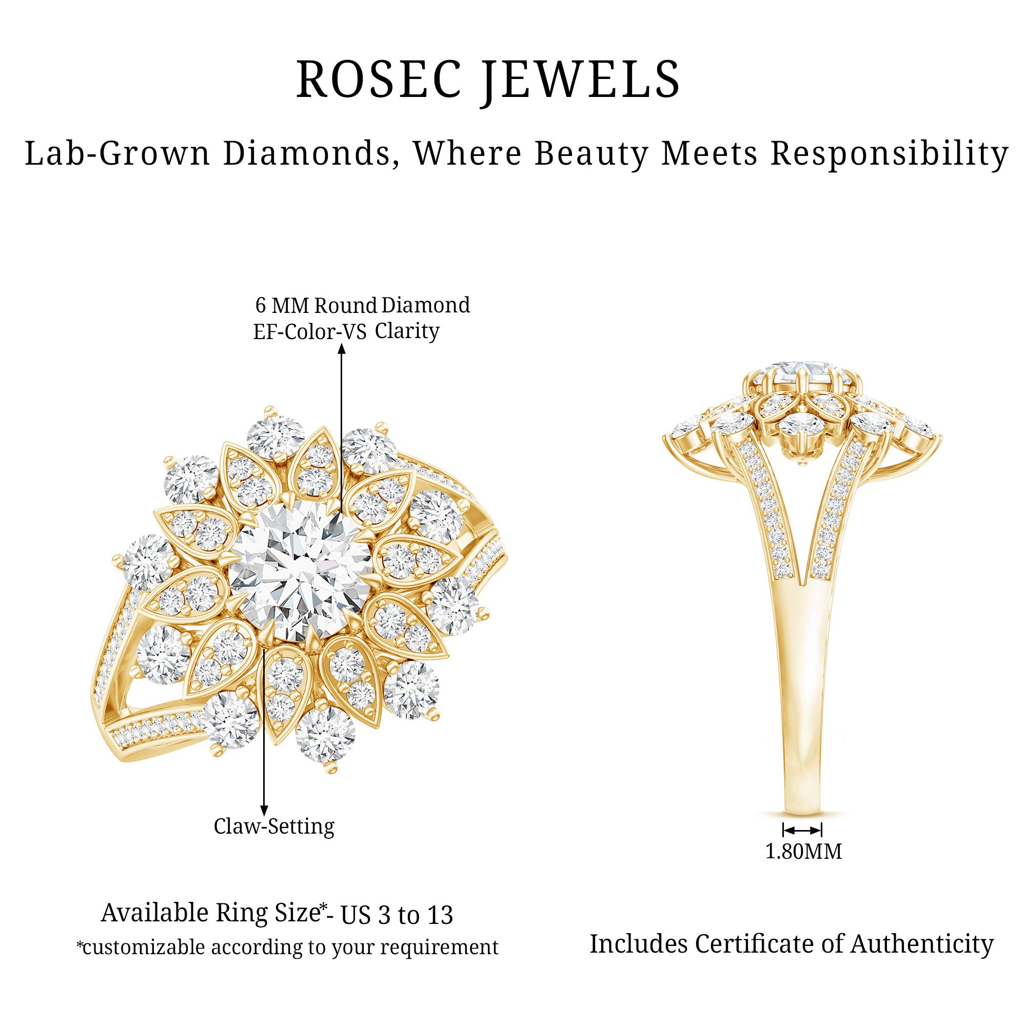 Certified Lab Grown Diamond Flower Engagement Ring for Her Lab - ( EF-VS ) - Rosec Jewels