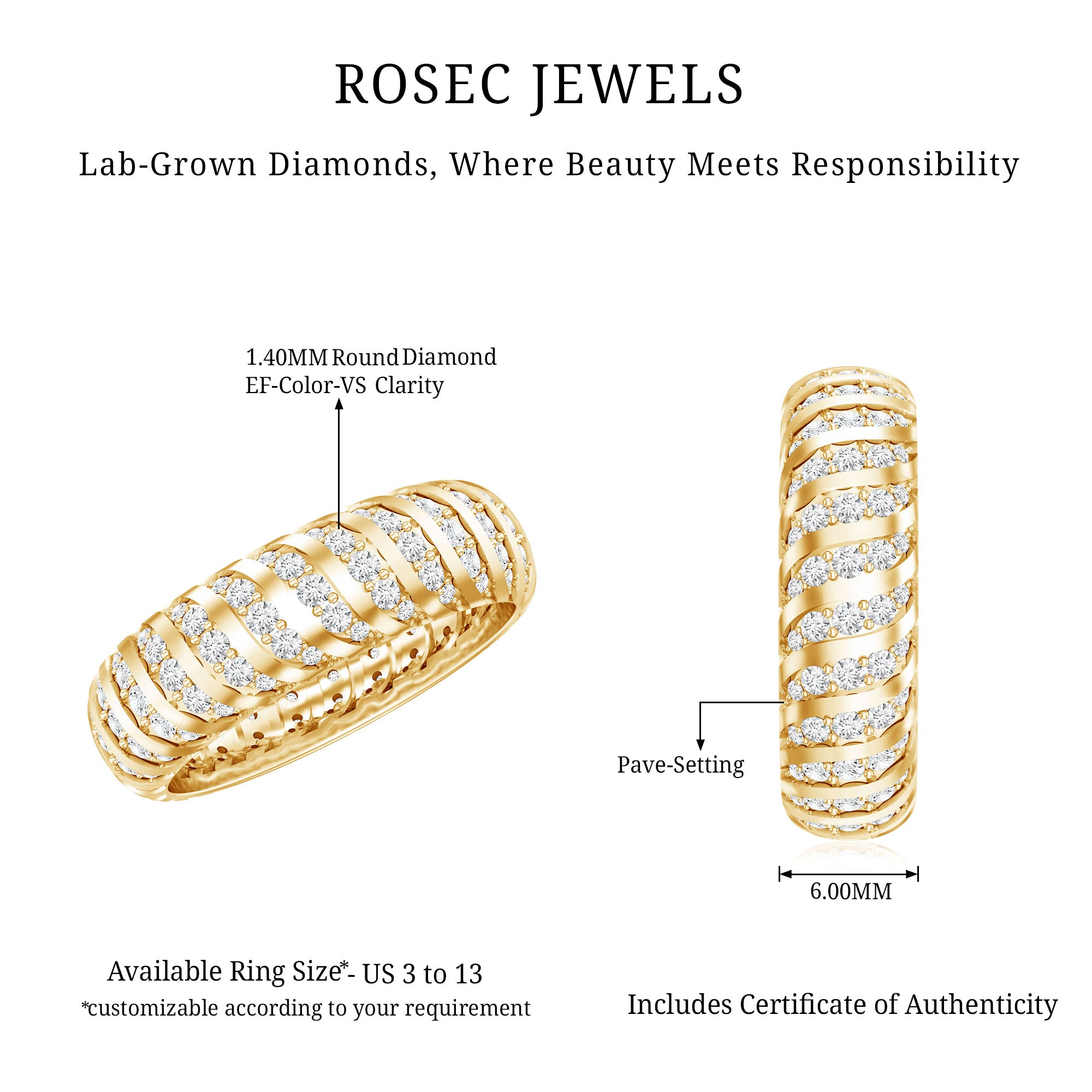 Certified Lab Grown Diamond Wide Wedding Band for Women Lab - ( EF-VS ) - Rosec Jewels