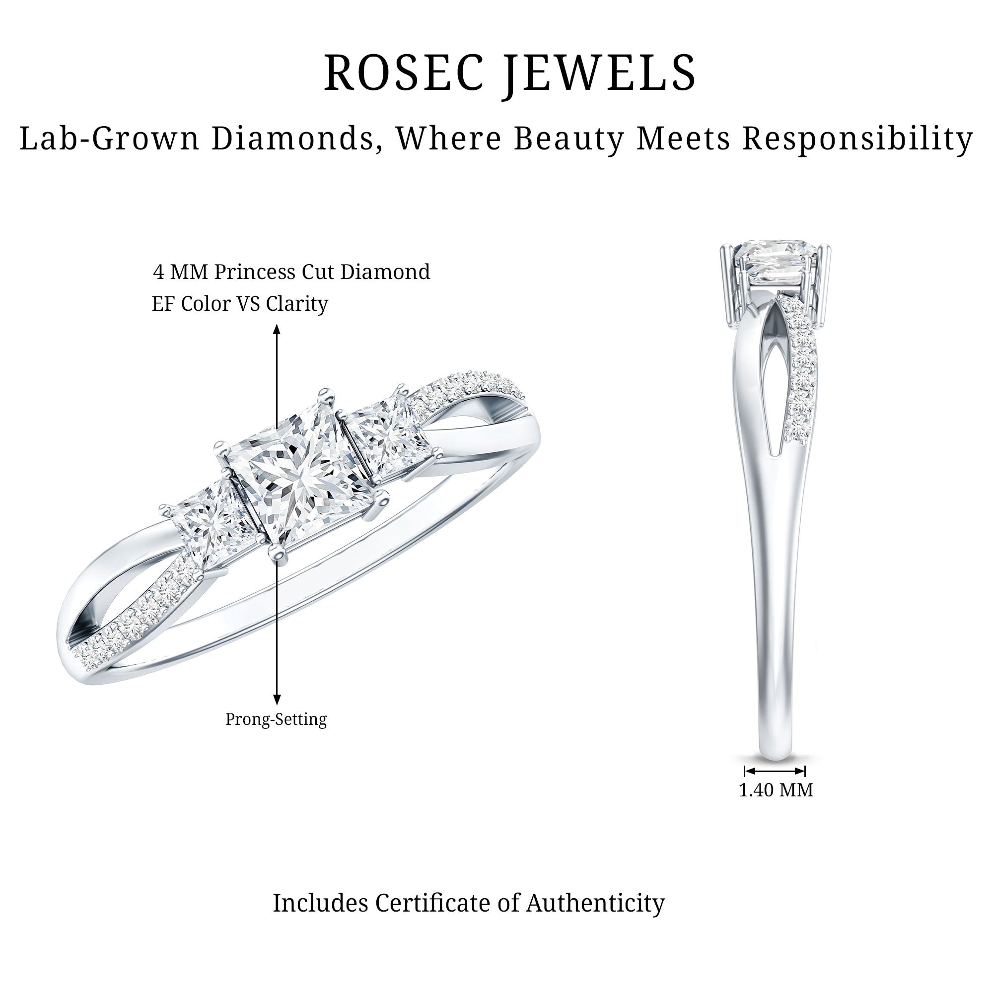Lab Grown Diamond Three Stone Promise Ring With Split Shank Lab - ( EF-VS ) - Rosec Jewels