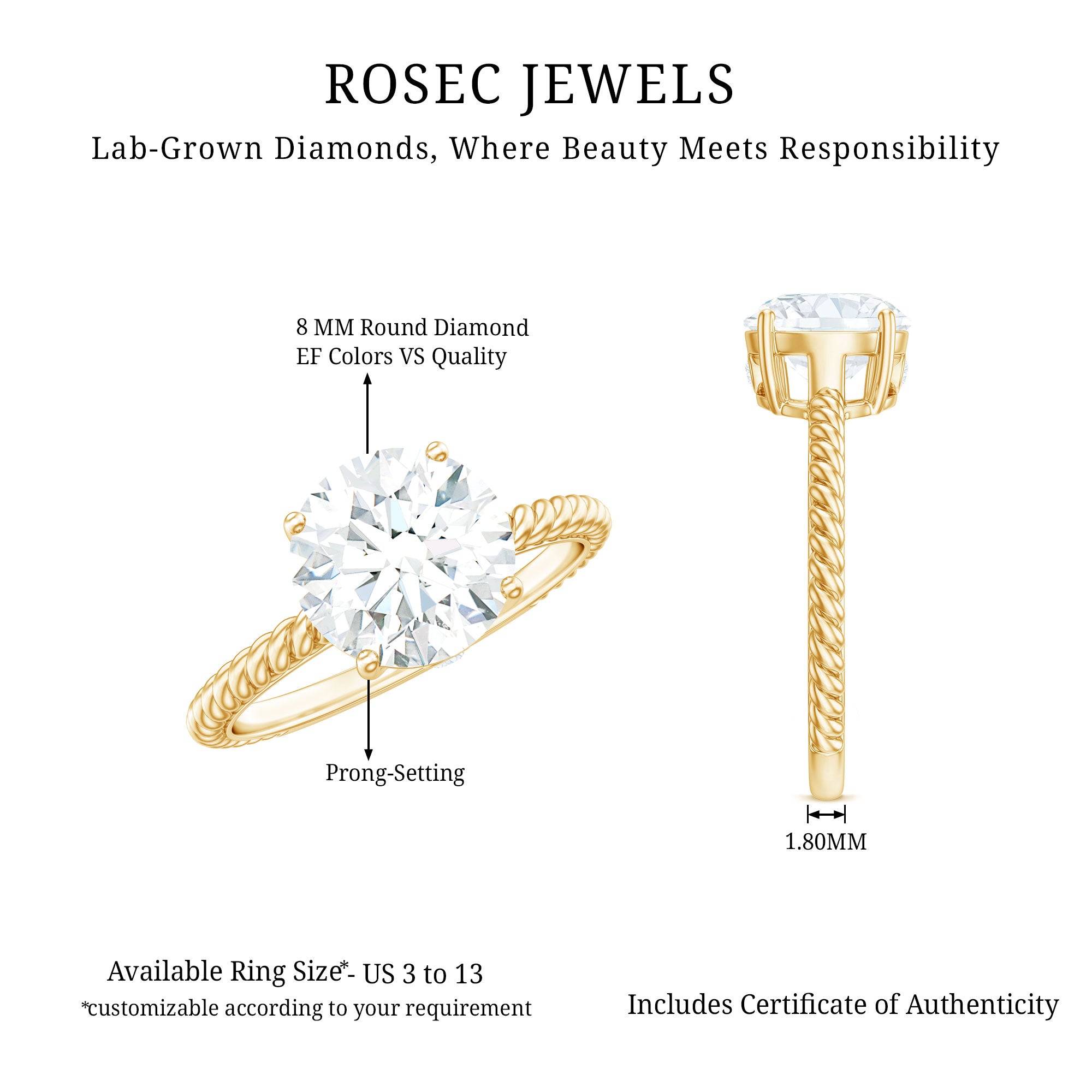 Rosec Jewels-2 Carat Lab Grown Diamond Engagement Ring With Twisted Rope