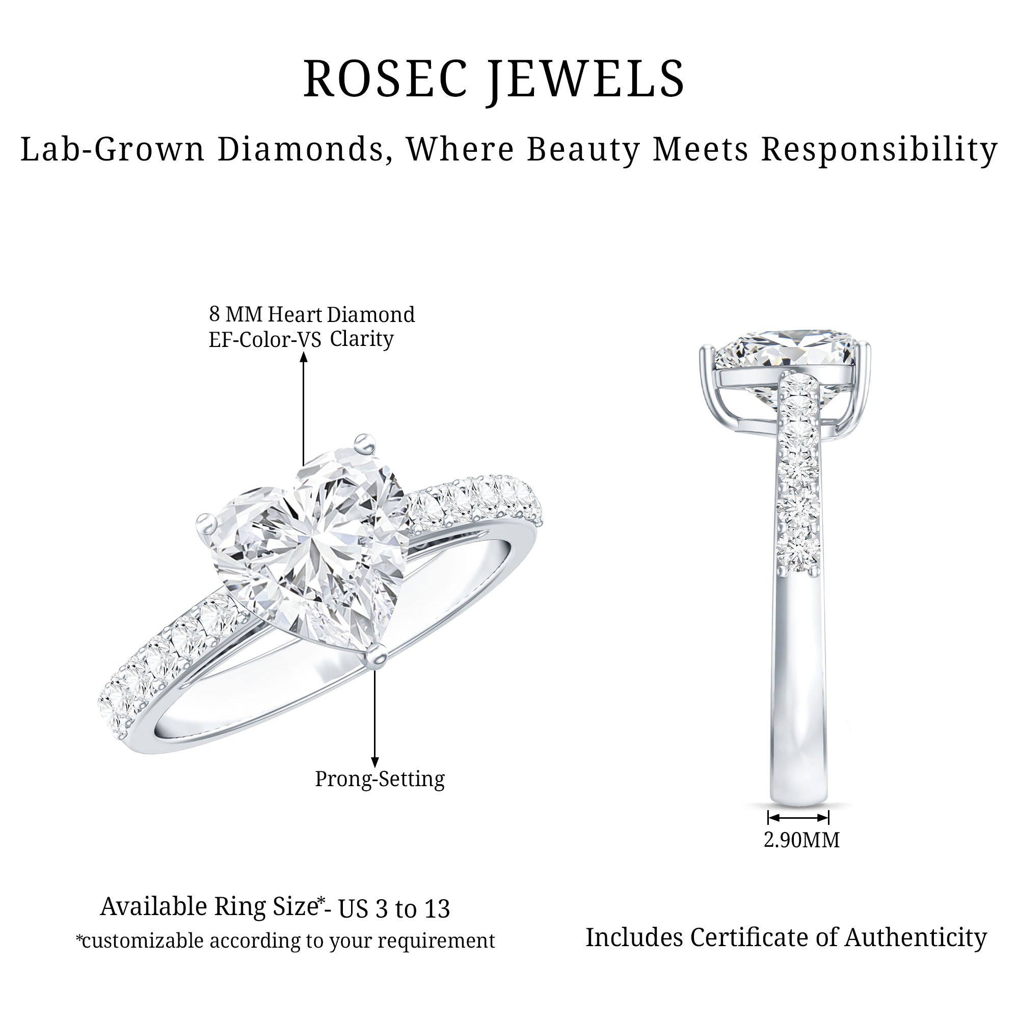3 Prong Lab Grown Diamond Heart Engagement Ring For Women Lab - ( EF-VS ) - Rosec Jewels