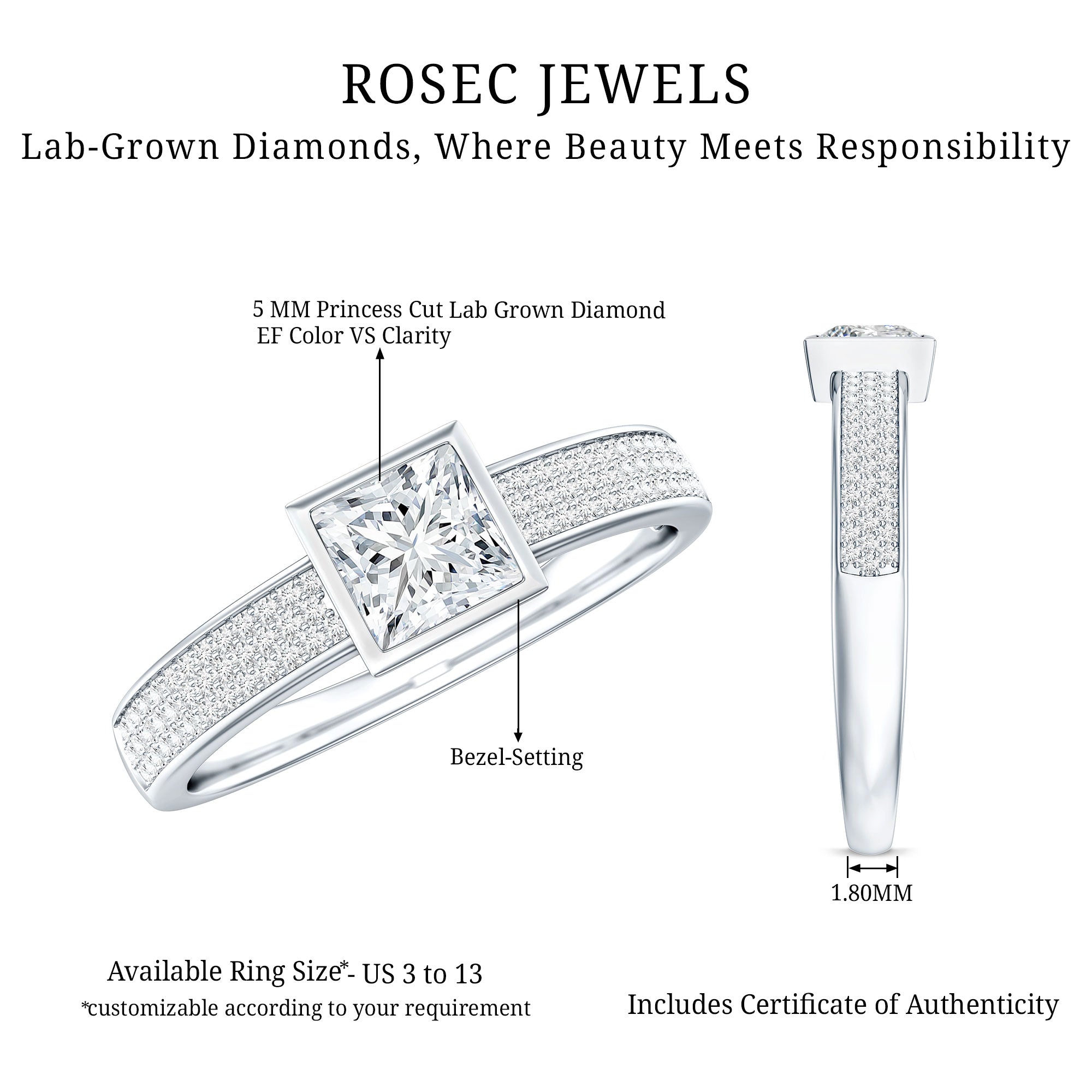 Princess Cut Lab Grown Diamond Bezel Set Engagement Ring Lab - ( EF-VS ) - Rosec Jewels