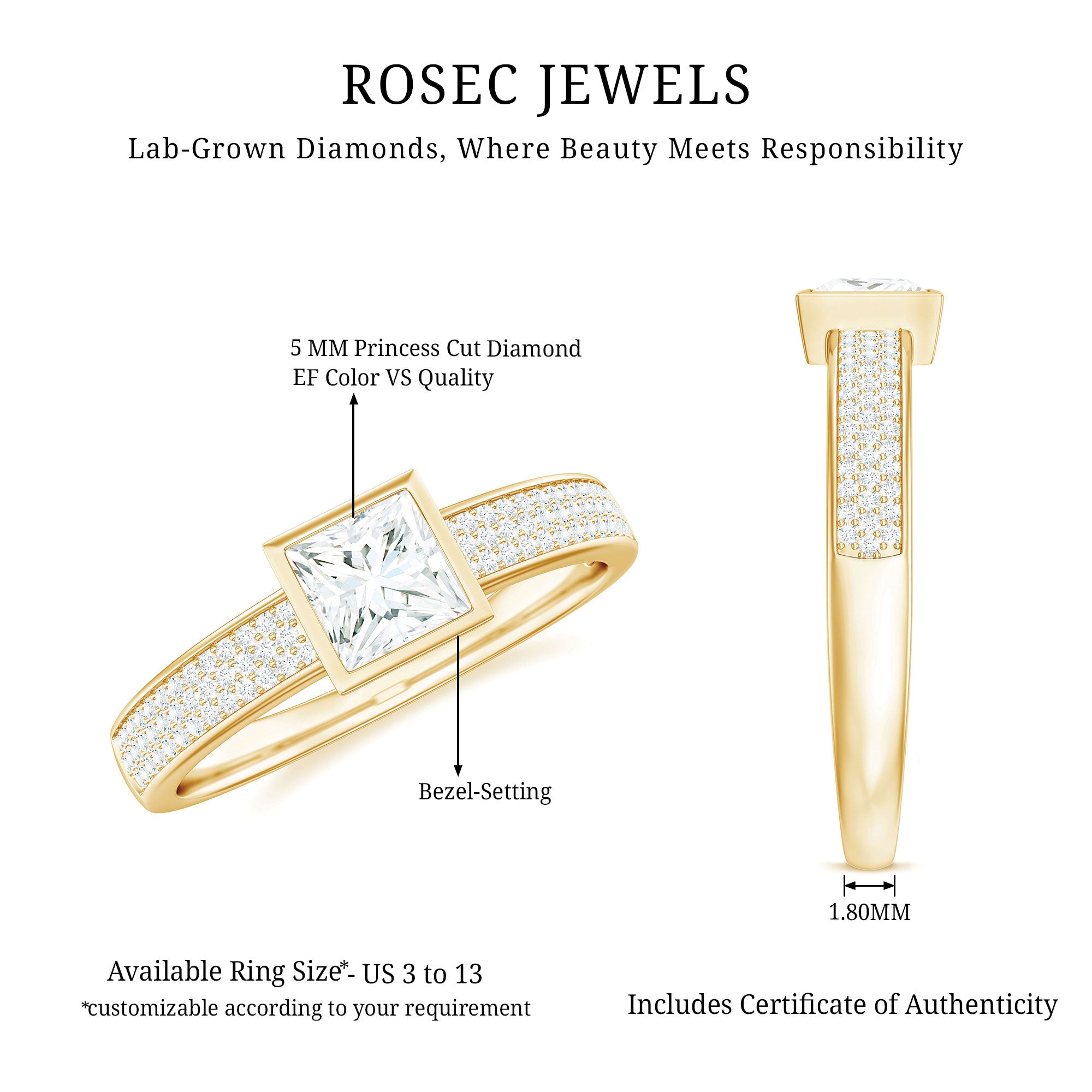 Rosec Jewels-Princess Cut Lab Grown Diamond Bezel Set Engagement Ring