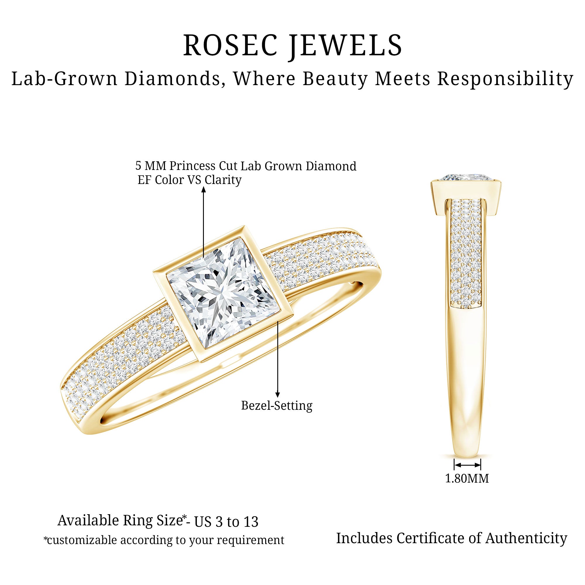 Princess Cut Lab Grown Diamond Bezel Set Engagement Ring Lab - ( EF-VS ) - Rosec Jewels