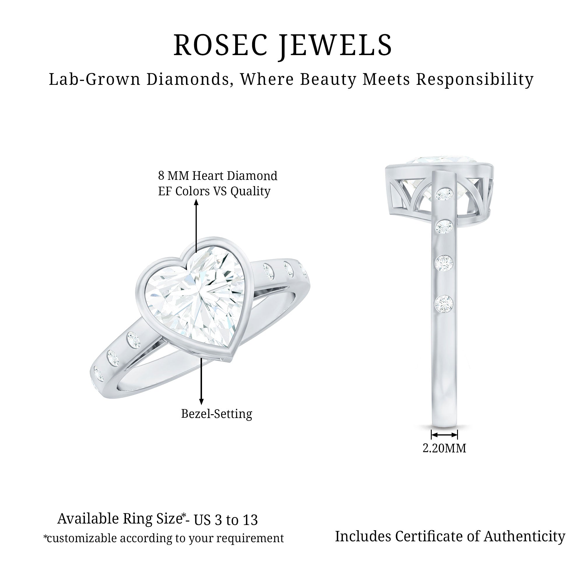 Rosec Jewels-Bezel Set Brilliant Cut Lab Created Diamond Heart Engagement Ring For Women