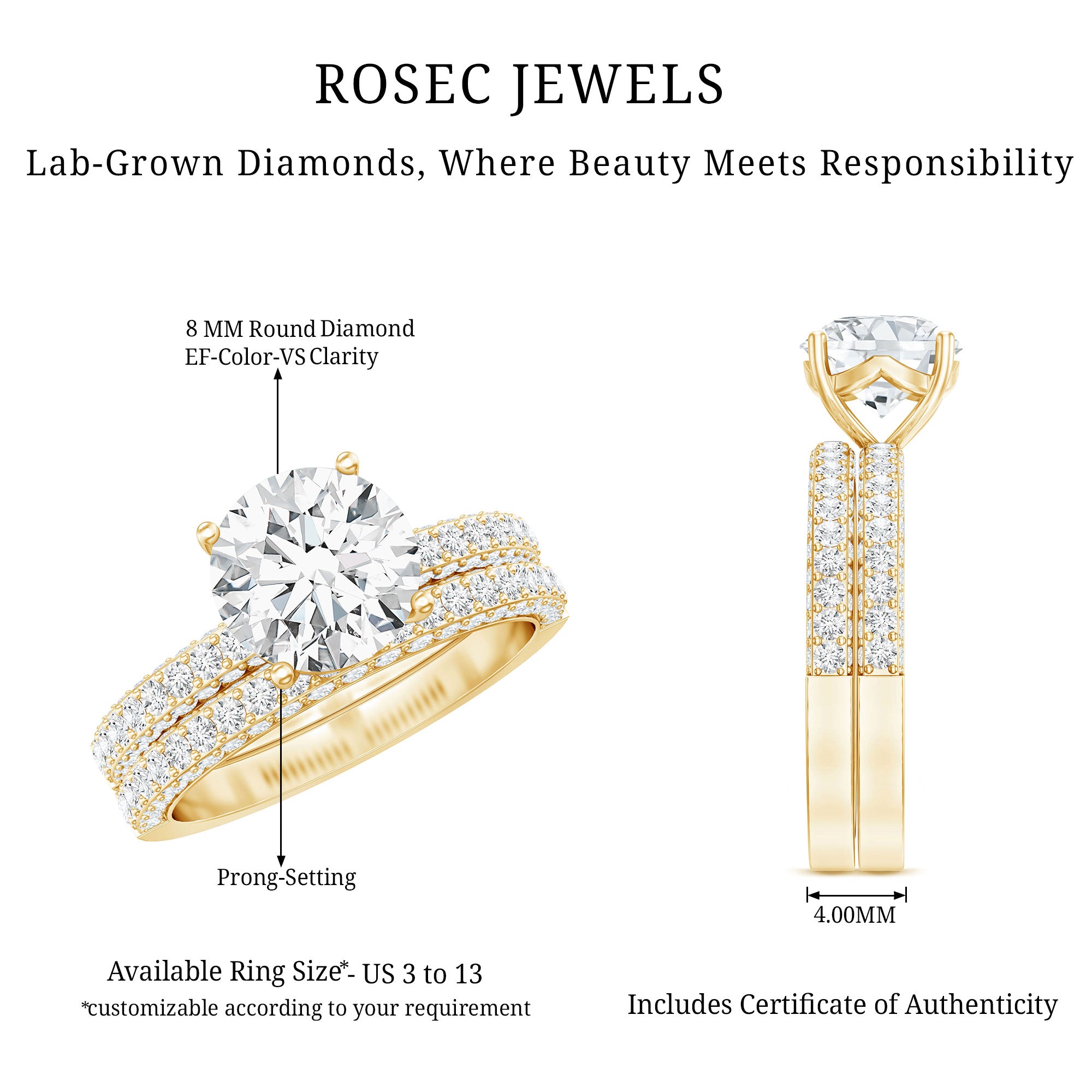 Rosec Jewels-Certified 2 CT Lab Grown Diamond Bridal Ring Set for Her