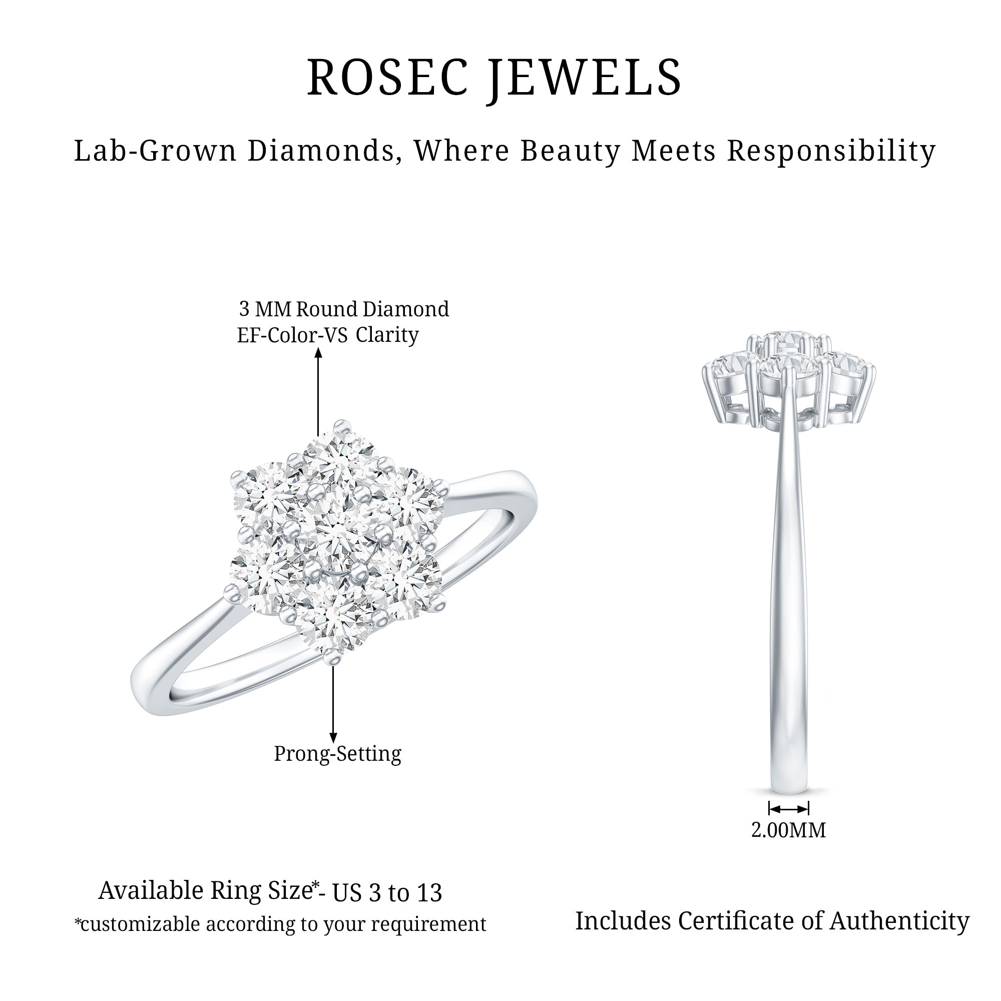 Flower Cluster Lab Grown Diamond Engagement Ring Lab - ( EF-VS ) - Rosec Jewels