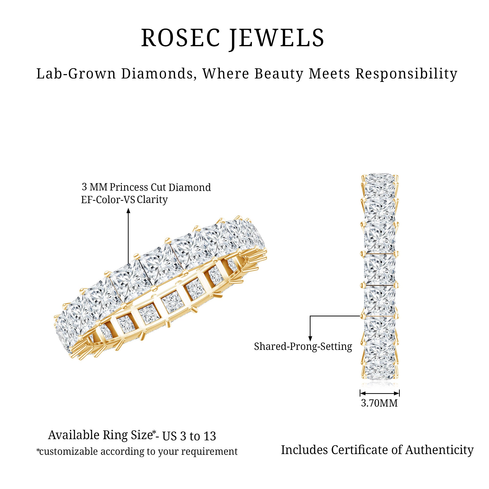 Certified Lab Grown Diamond Princess Cut Wedding Ring Lab - ( EF-VS ) - Rosec Jewels
