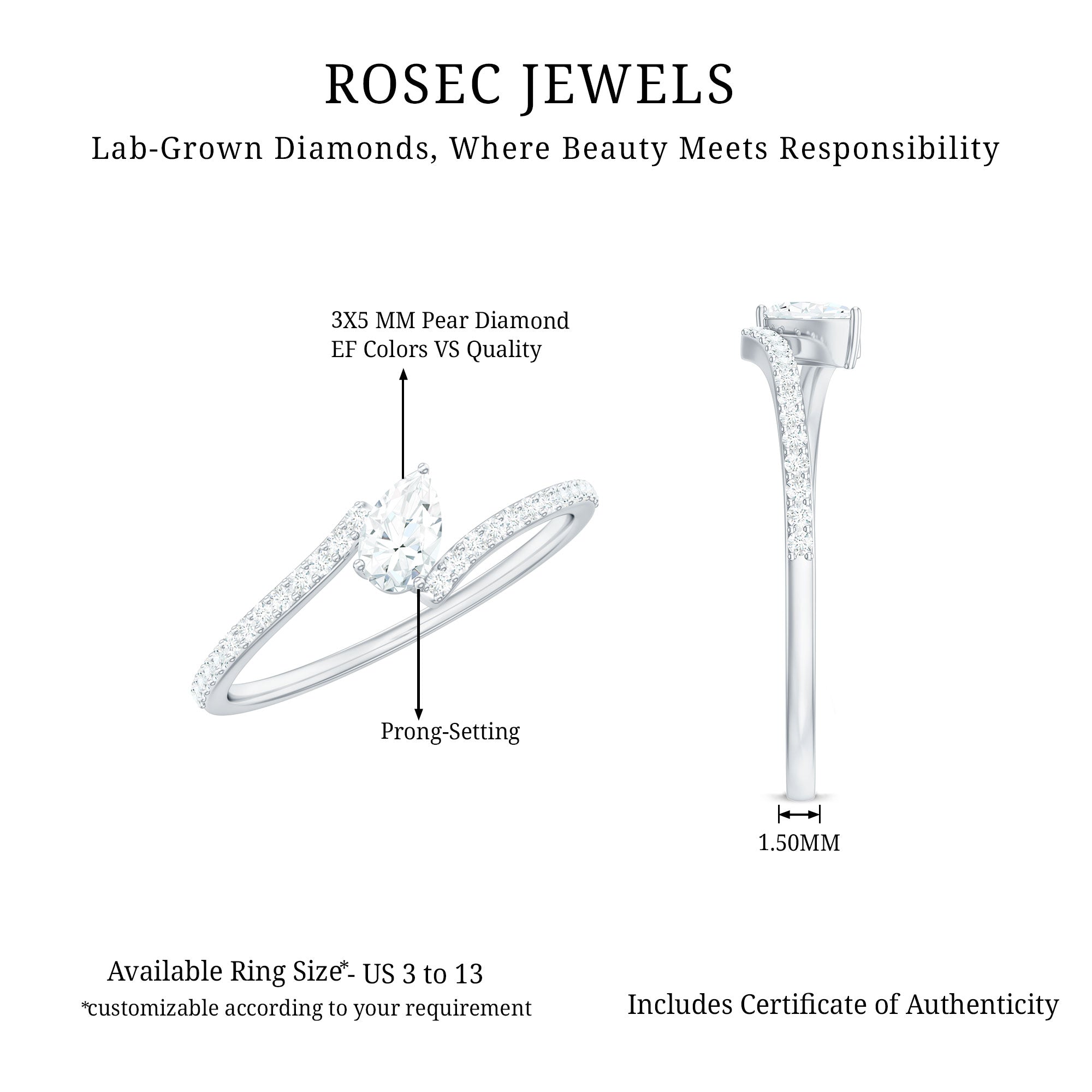 Rosec Jewels-Pear Cut Lab Grown Diamond Bypass Promise Ring
