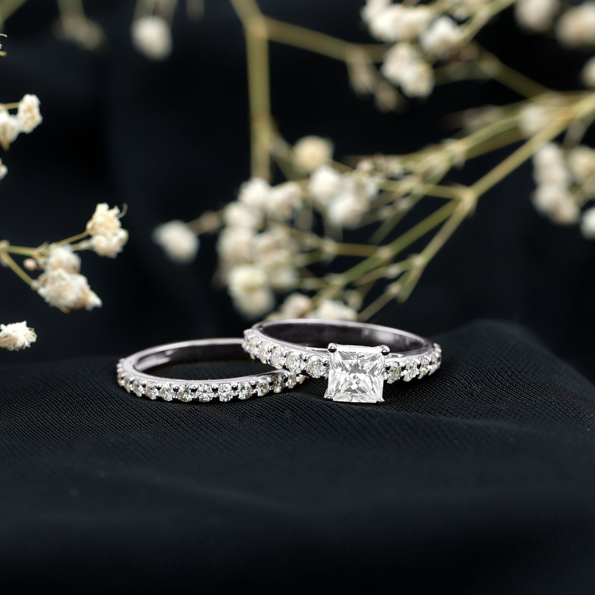 IGI Certified 1 Carat Lab Grown Diamond Princess Cut Engagement Ring with Band Lab - ( E-VS1 ) - Rosec Jewels