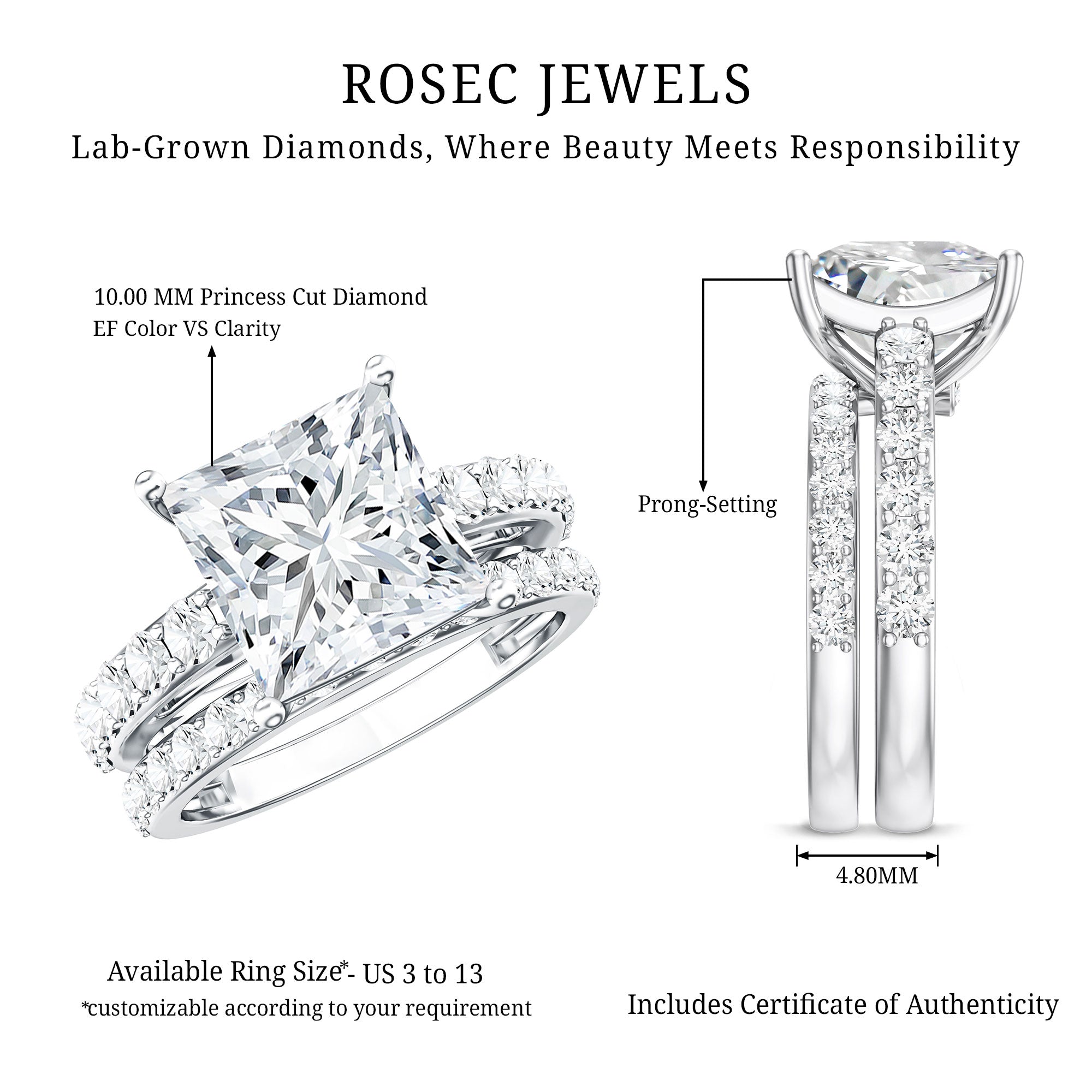 5 Carat IGI Certified Princess Cut Lab Diamond Engagement Ring with Band Lab - ( EF-VS ) - Rosec Jewels