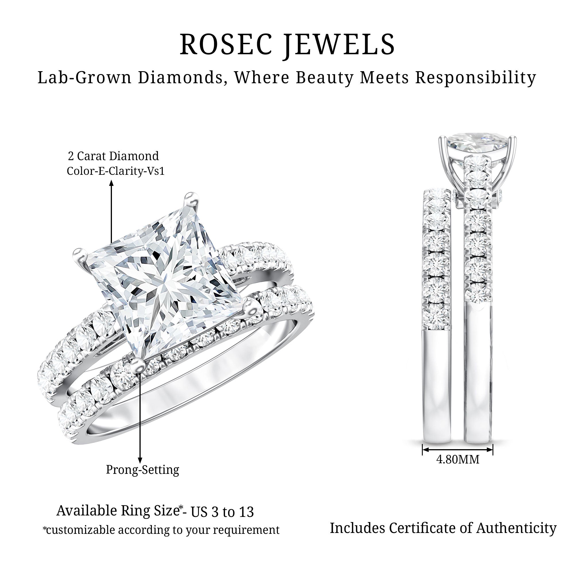 IGI Certified 2 Carat Lab Grown Diamond Princess Cut Bridal Ring Set Lab - ( E-VS1 ) - Rosec Jewels