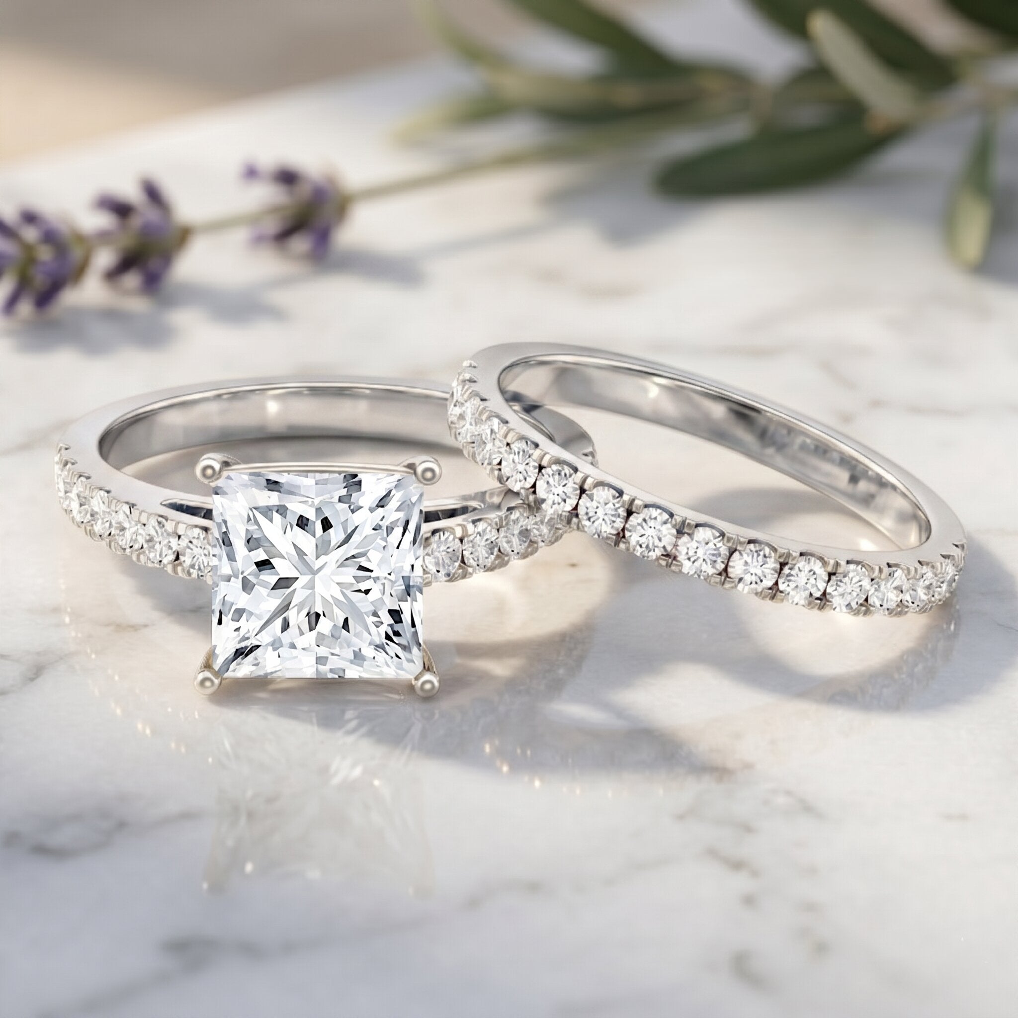 IGI Certified 3 Carat Princess Cut Lab Grown Diamond Wedding Ring Set Lab - ( E-VS1 ) - Rosec Jewels