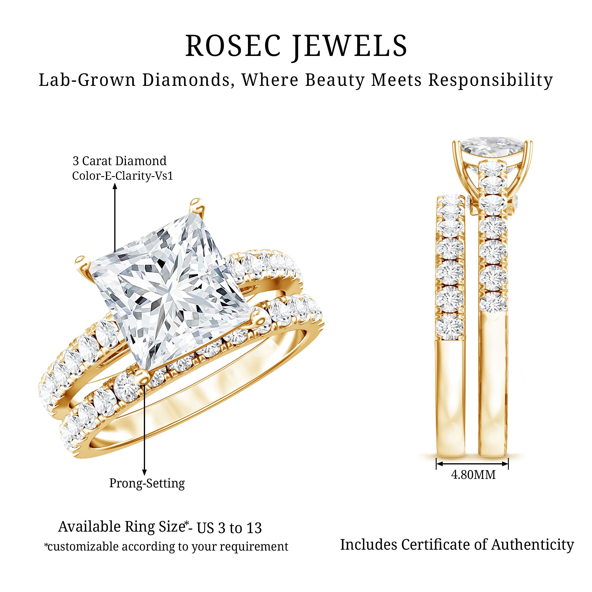 IGI Certified 3 Carat Princess Cut Lab Grown Diamond Wedding Ring Set Lab - ( E-VS1 ) - Rosec Jewels