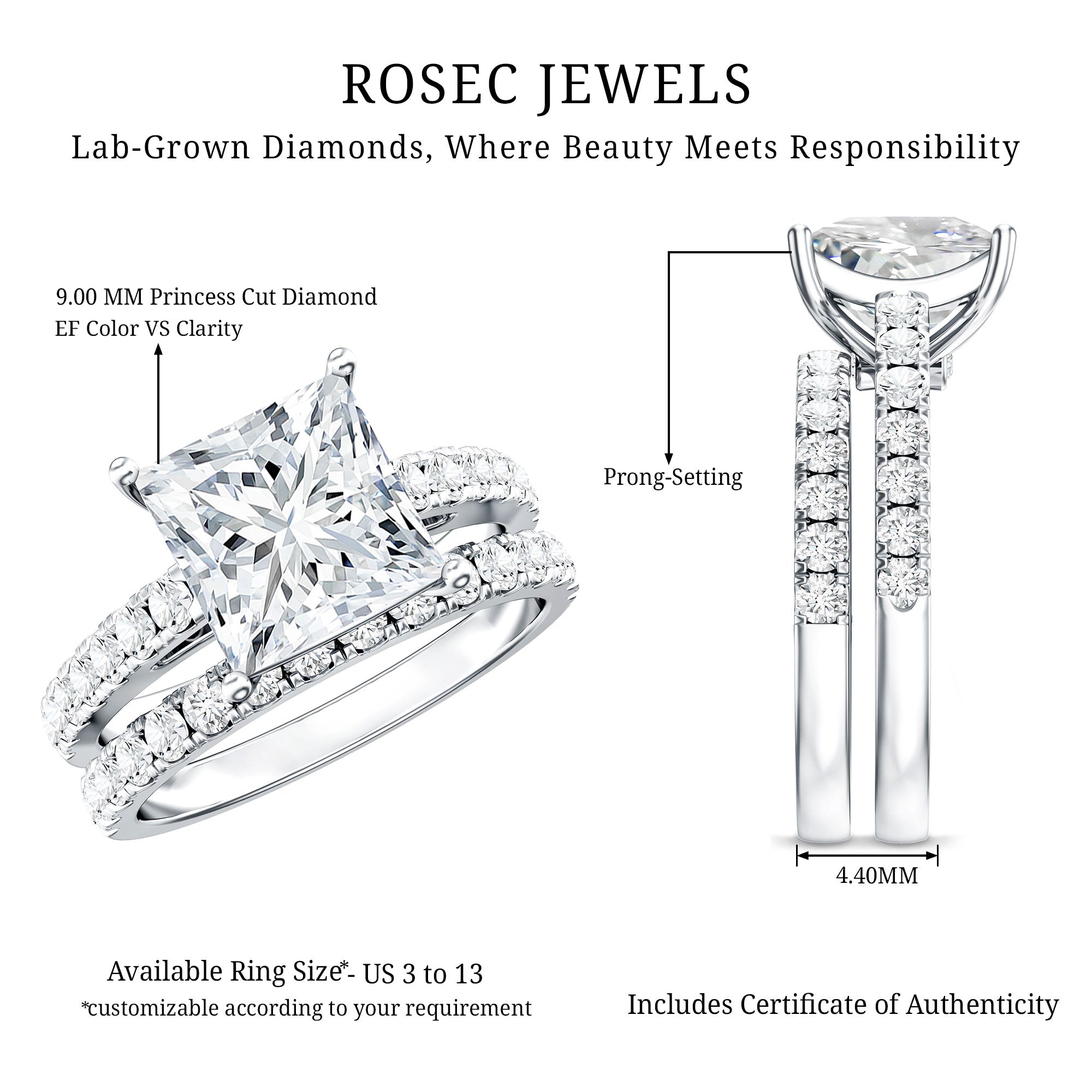 IGI Certified 4 Carat Princess Cut Lab Grown Diamond Engagement Ring With Wedding Band Lab - ( EF-VS ) - Rosec Jewels