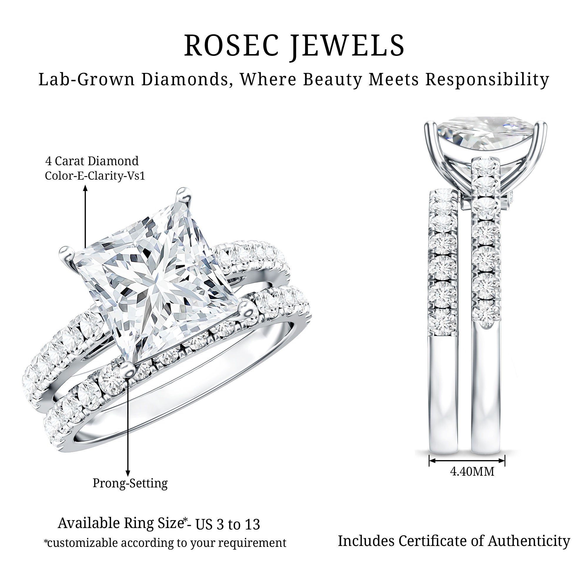 IGI Certified 4 Carat Princess Cut Lab Grown Diamond Engagement Ring With Wedding Band Lab - ( E-VS1 ) - Rosec Jewels