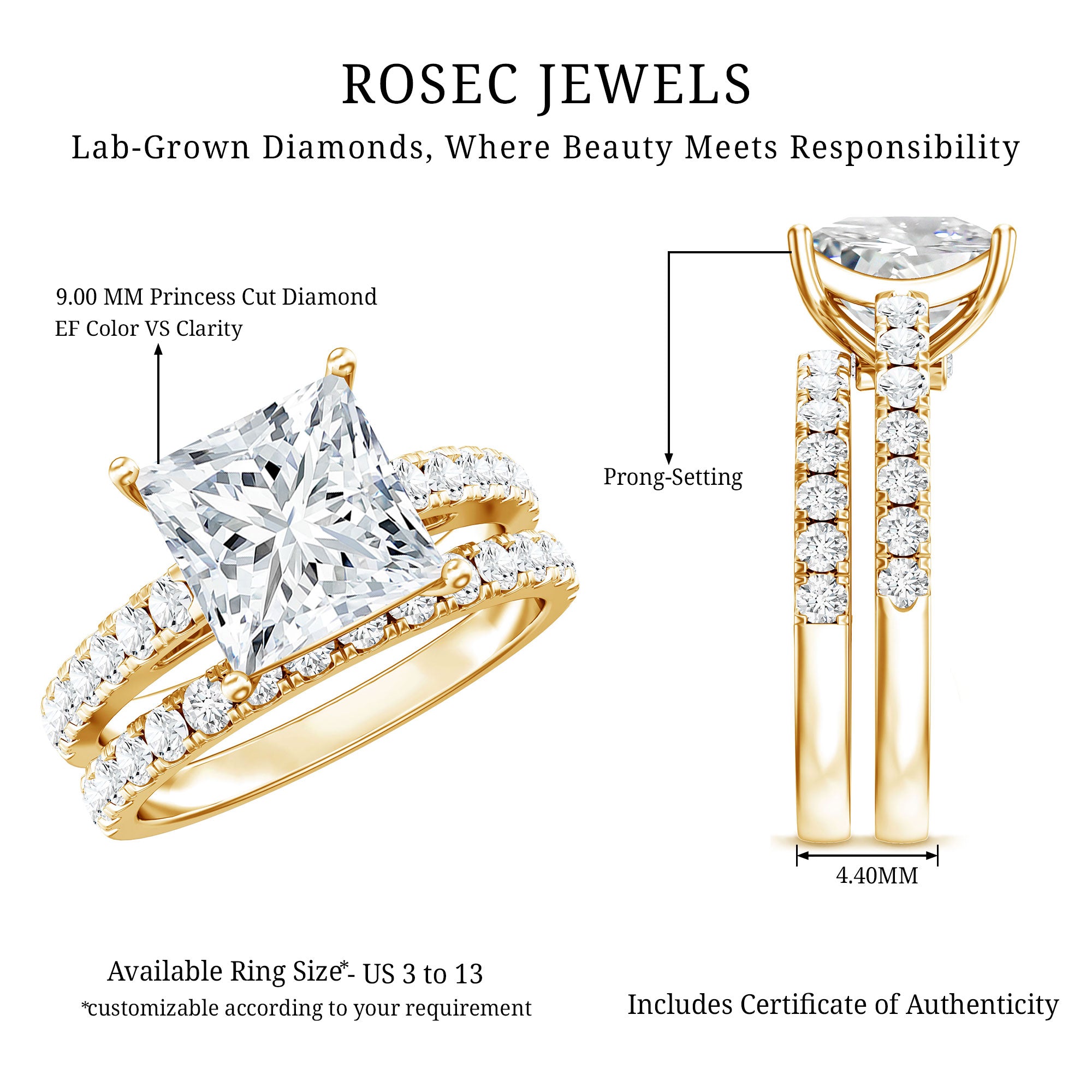 IGI Certified 4 Carat Princess Cut Lab Grown Diamond Engagement Ring With Wedding Band Lab - ( EF-VS ) - Rosec Jewels