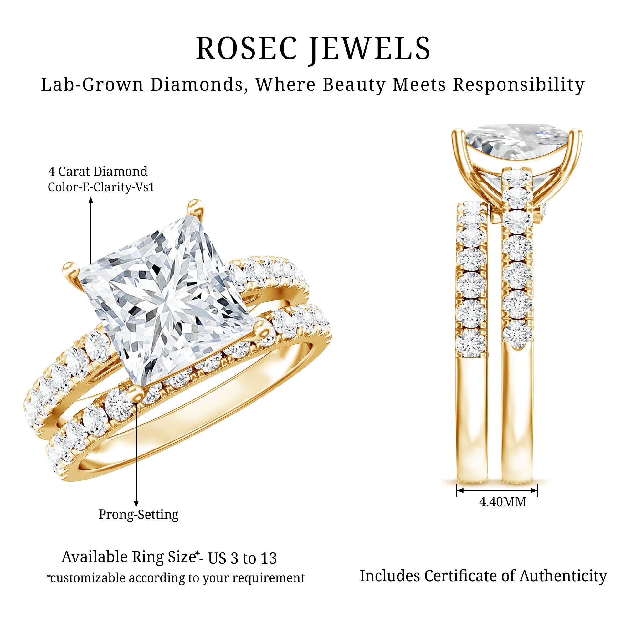 IGI Certified 4 Carat Princess Cut Lab Grown Diamond Engagement Ring With Wedding Band Lab - ( E-VS1 ) - Rosec Jewels