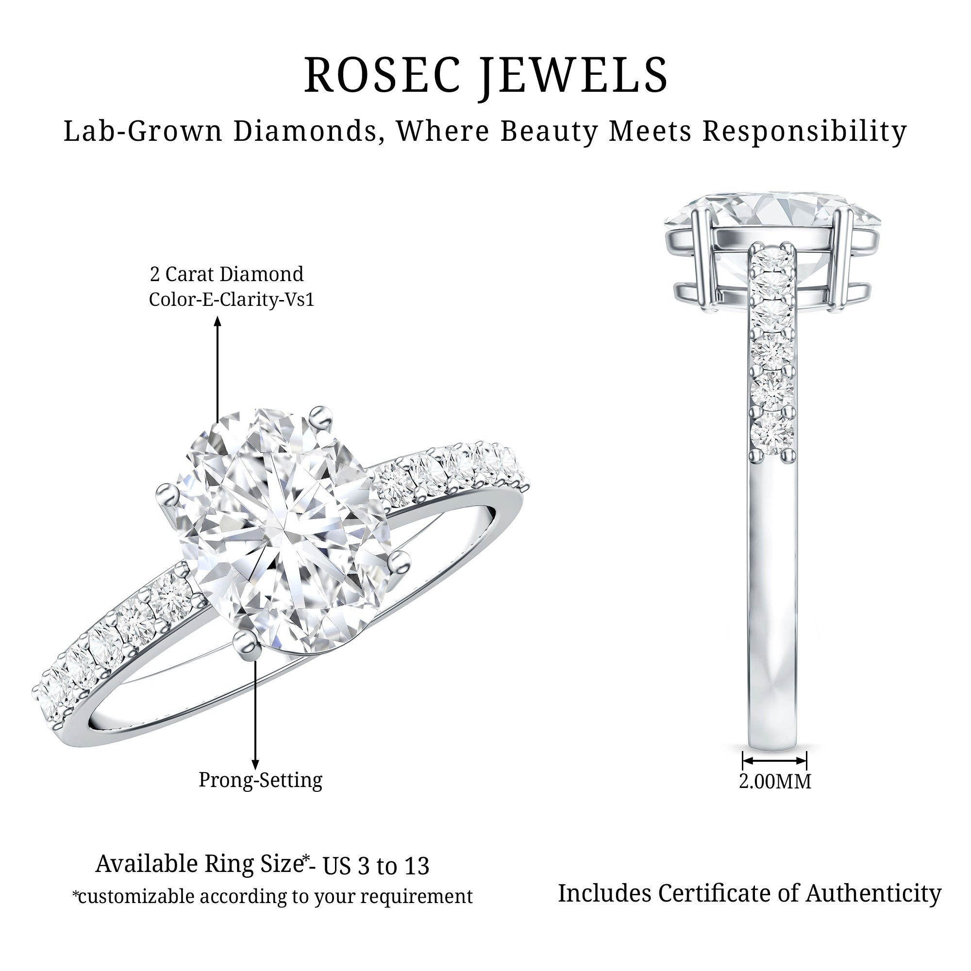 Lab Grown 2 Carat Diamond Oval Engagement Ring with IGI Certificate Lab - ( E-VS1 ) - Rosec Jewels