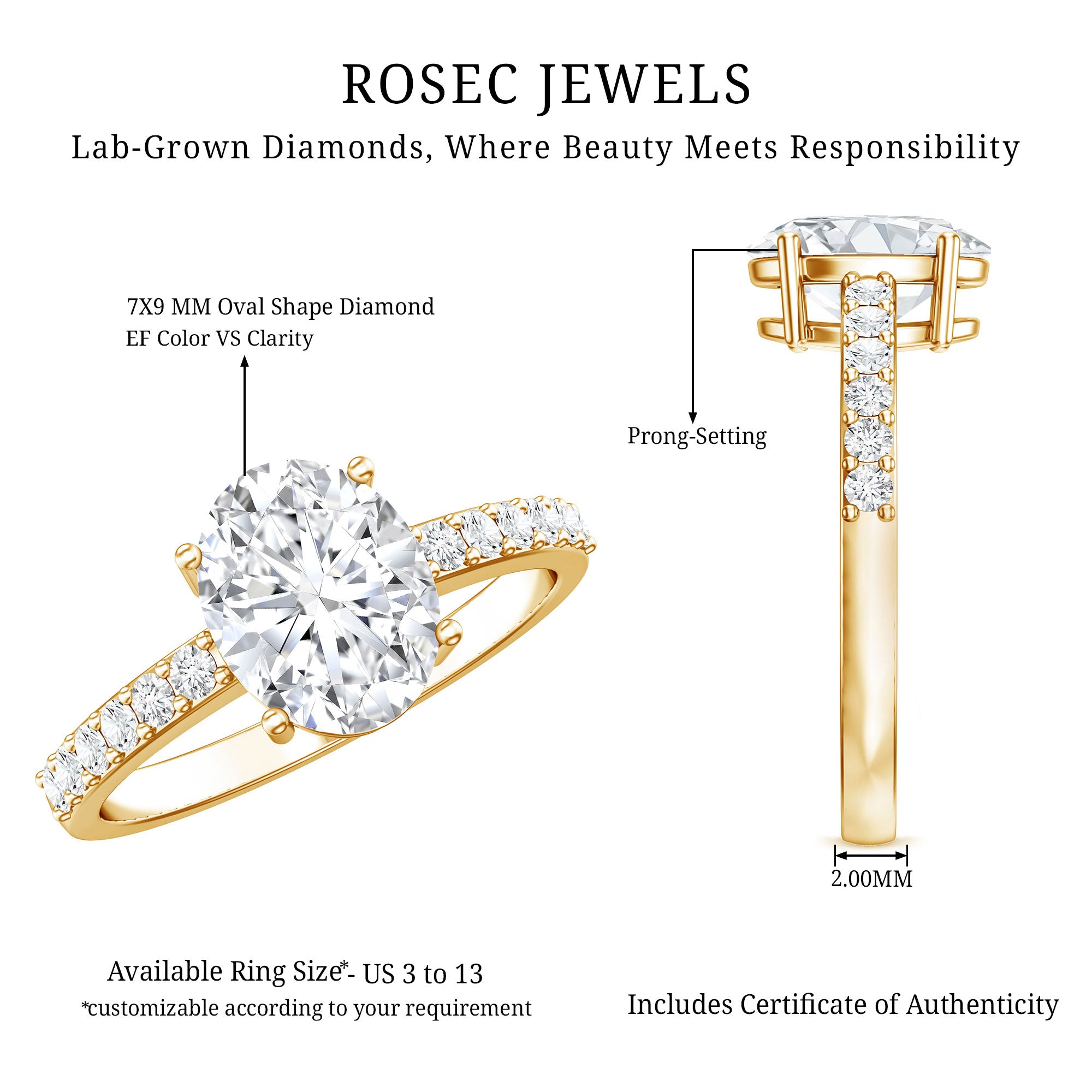 Lab Grown 2 Carat Diamond Oval Engagement Ring with IGI Certificate Lab - ( EF-VS ) - Rosec Jewels