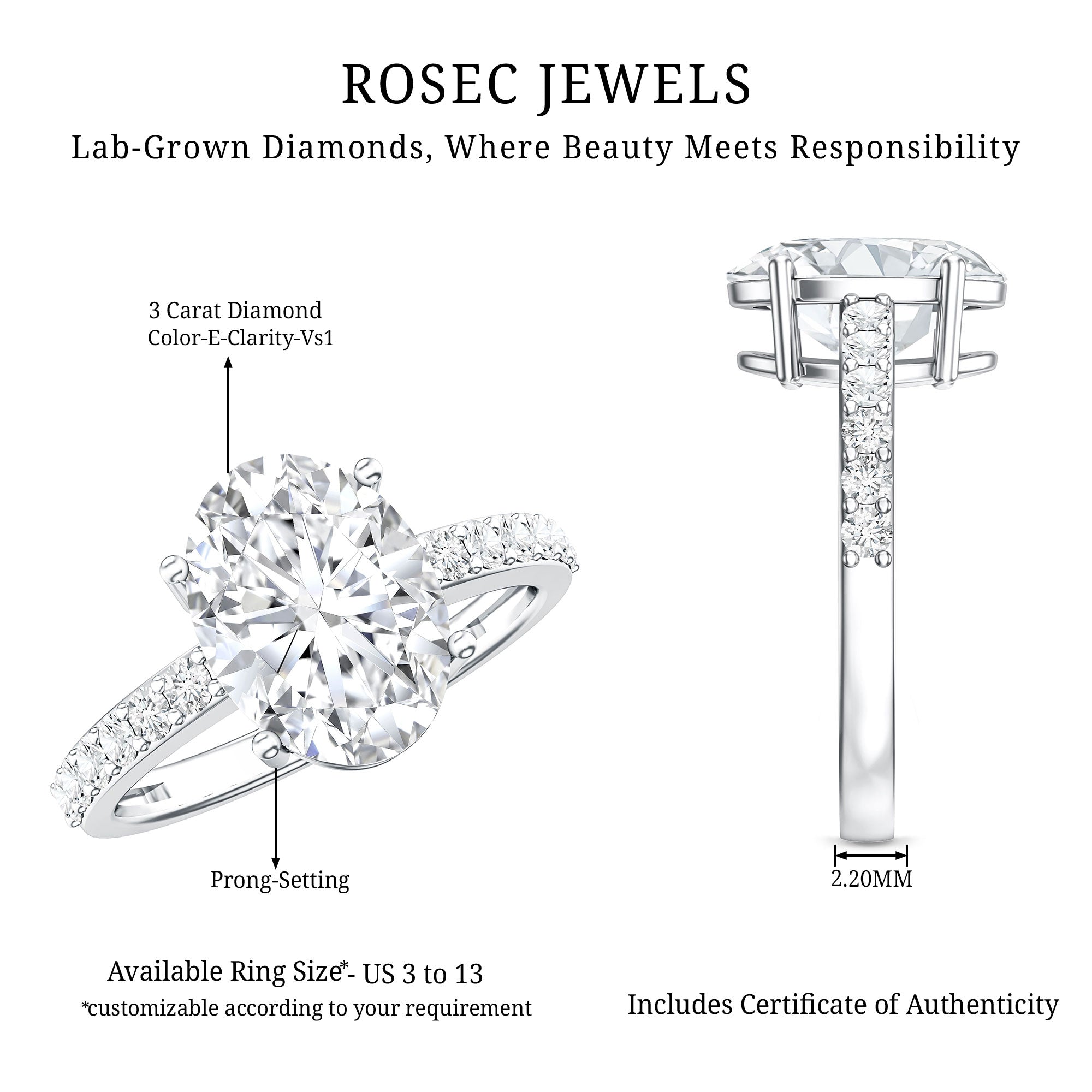 IGI Certified 3 Carat Lab Grown Oval Diamond Engagement Ring for Women Lab - ( E-VS1 ) - Rosec Jewels
