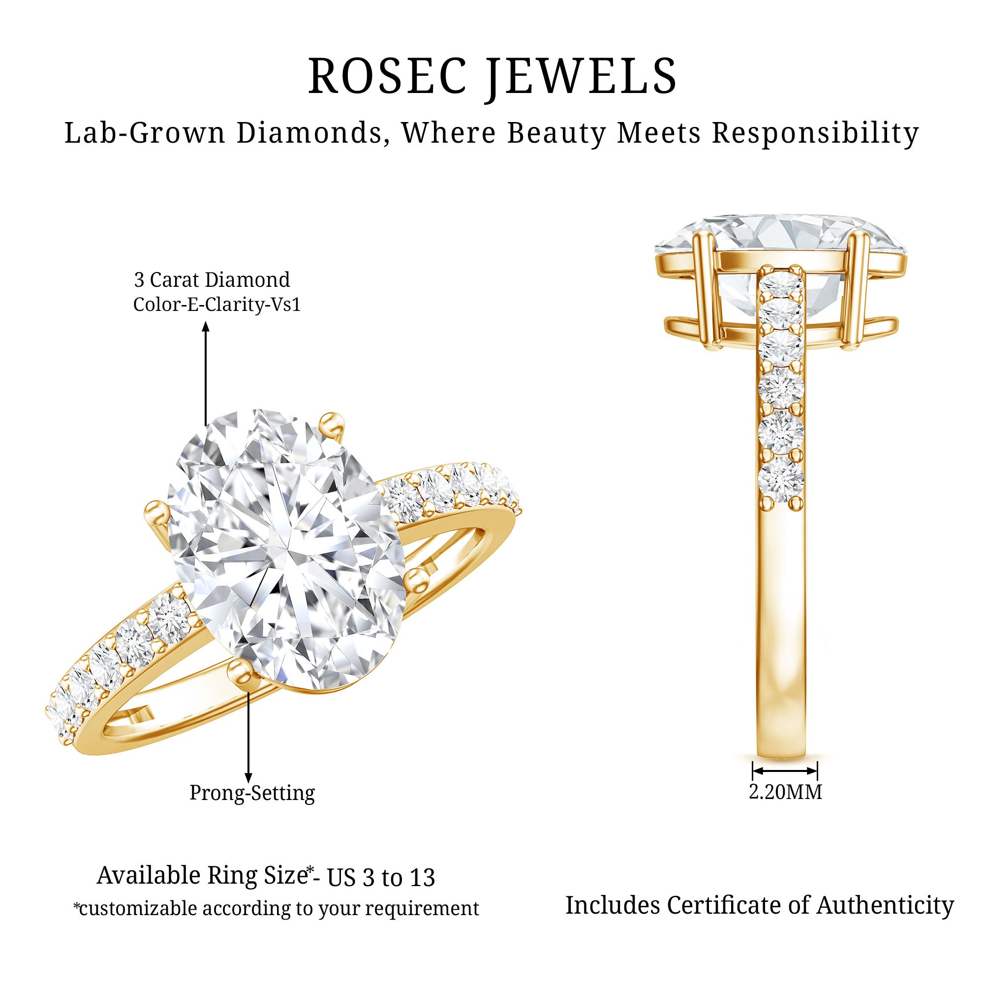 IGI Certified 3 Carat Lab Grown Oval Diamond Engagement Ring for Women Lab - ( E-VS1 ) - Rosec Jewels