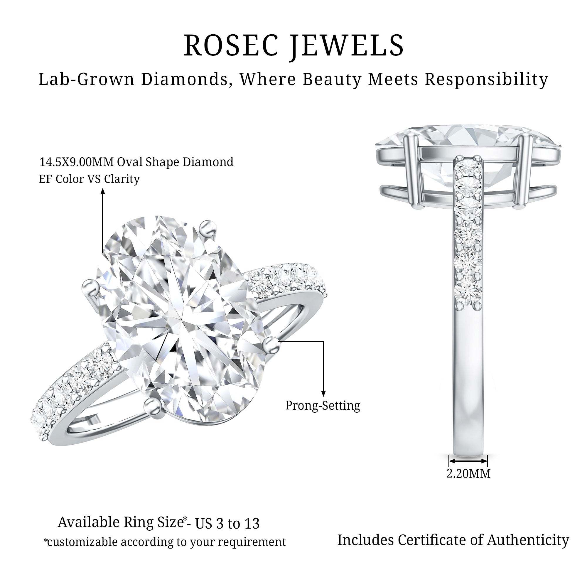 IGI Certified 4 Carat Oval Lab Grown Diamond Huge Engagement Ring Lab - ( EF-VS ) - Rosec Jewels