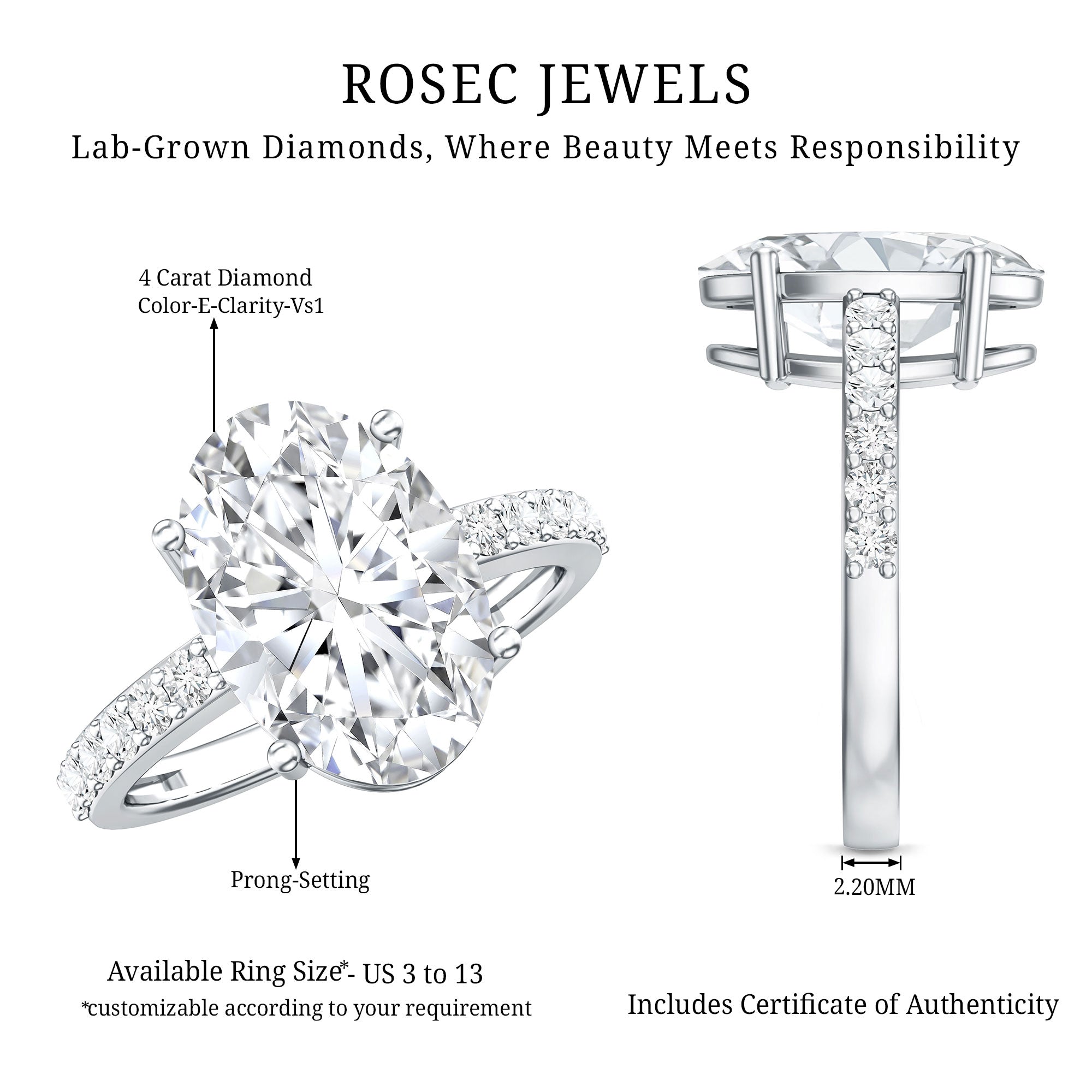 IGI Certified 4 Carat Oval Lab Grown Diamond Huge Engagement Ring Lab - ( E-VS1 ) - Rosec Jewels