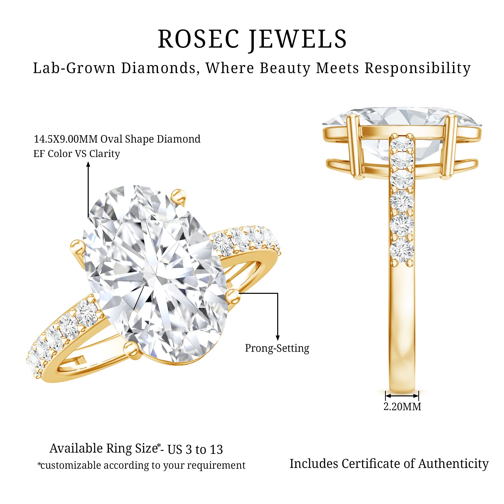 IGI Certified 4 Carat Oval Lab Grown Diamond Huge Engagement Ring Lab - ( EF-VS ) - Rosec Jewels